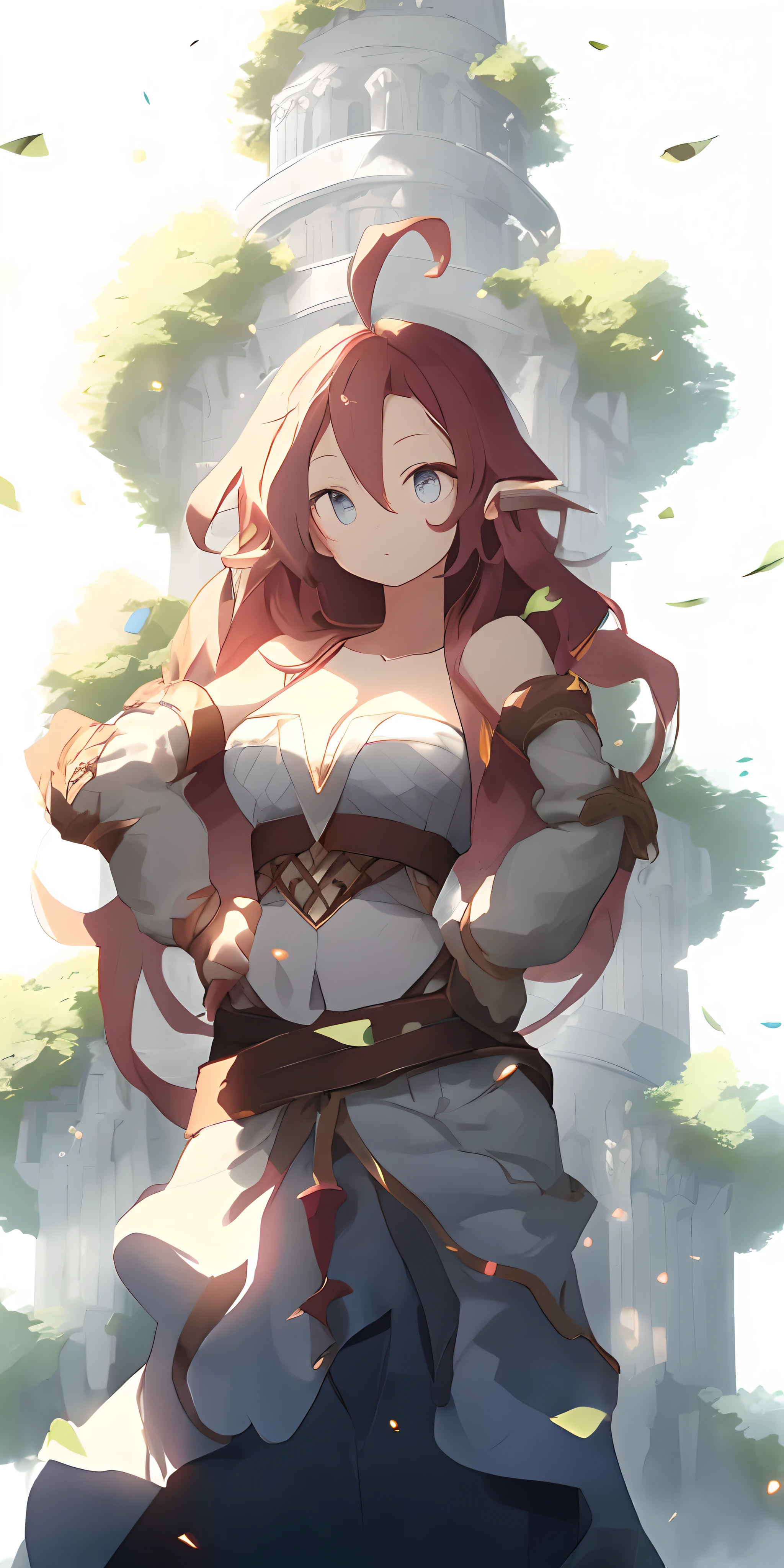 Very busty, elf, large breasts, Humongous breasts that threaten to rip through clothing, comically large breasts, red revealing clothing, muscular, breasts so big the will rip through anything, breast as big as mountains, mountains, red hair, asymmetrical hair, smile, embarrassed, pointy ears, earrings, nosebleed, UHD, masterpiece, high details, high quality, 16k