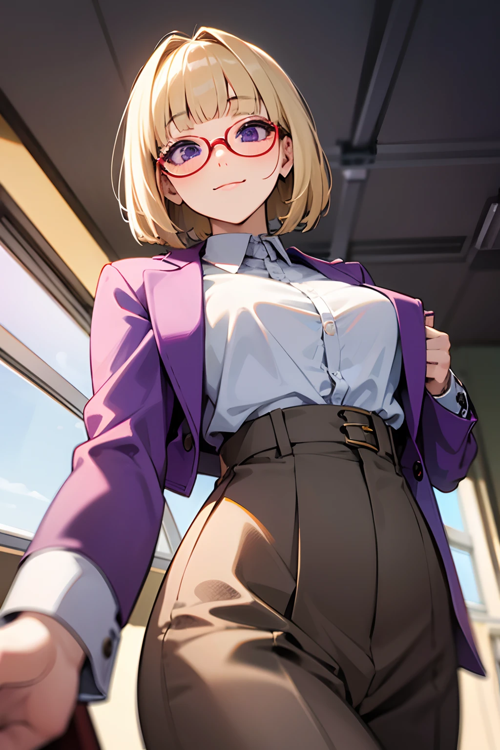 An 18-year-old woman、a blond、Blunt bangs、bob cuts, Straight hair、Purple eyes、Dark brown jacket、White Y-shirt、Gray slacks、Glasses with red frame、A slight smil、Upright in the classroom