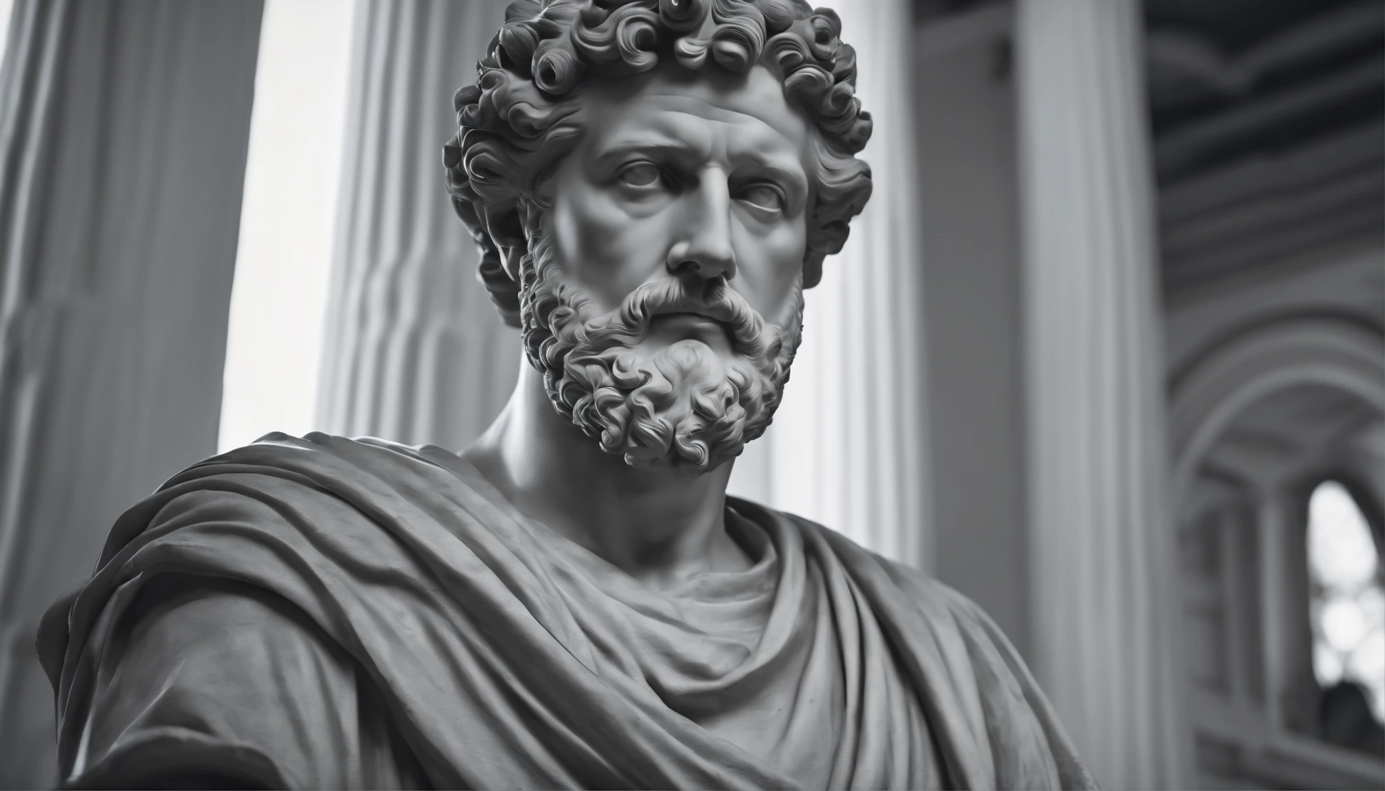 a portrait statue of the stoic Marcus Aurelius in black and white 4K,Face de lado, super realistic wallpaper inside the palace, rodeado de pessoas