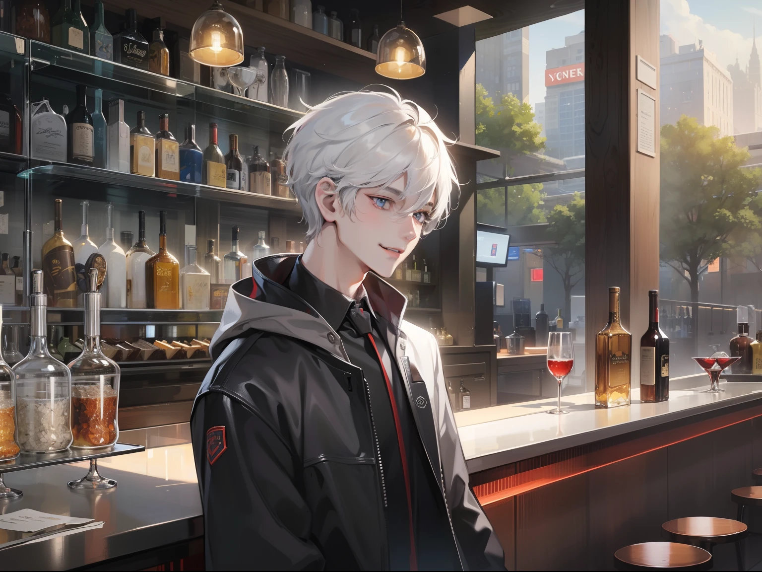 An 18-year-old boy with short white hair and white half-sleeves，Stand in front of the bar，With a smile，Upper body display，Inside a modern urban bar，grand master，tmasterpiece，8k wallpaper，CG，Ultra-high image quality