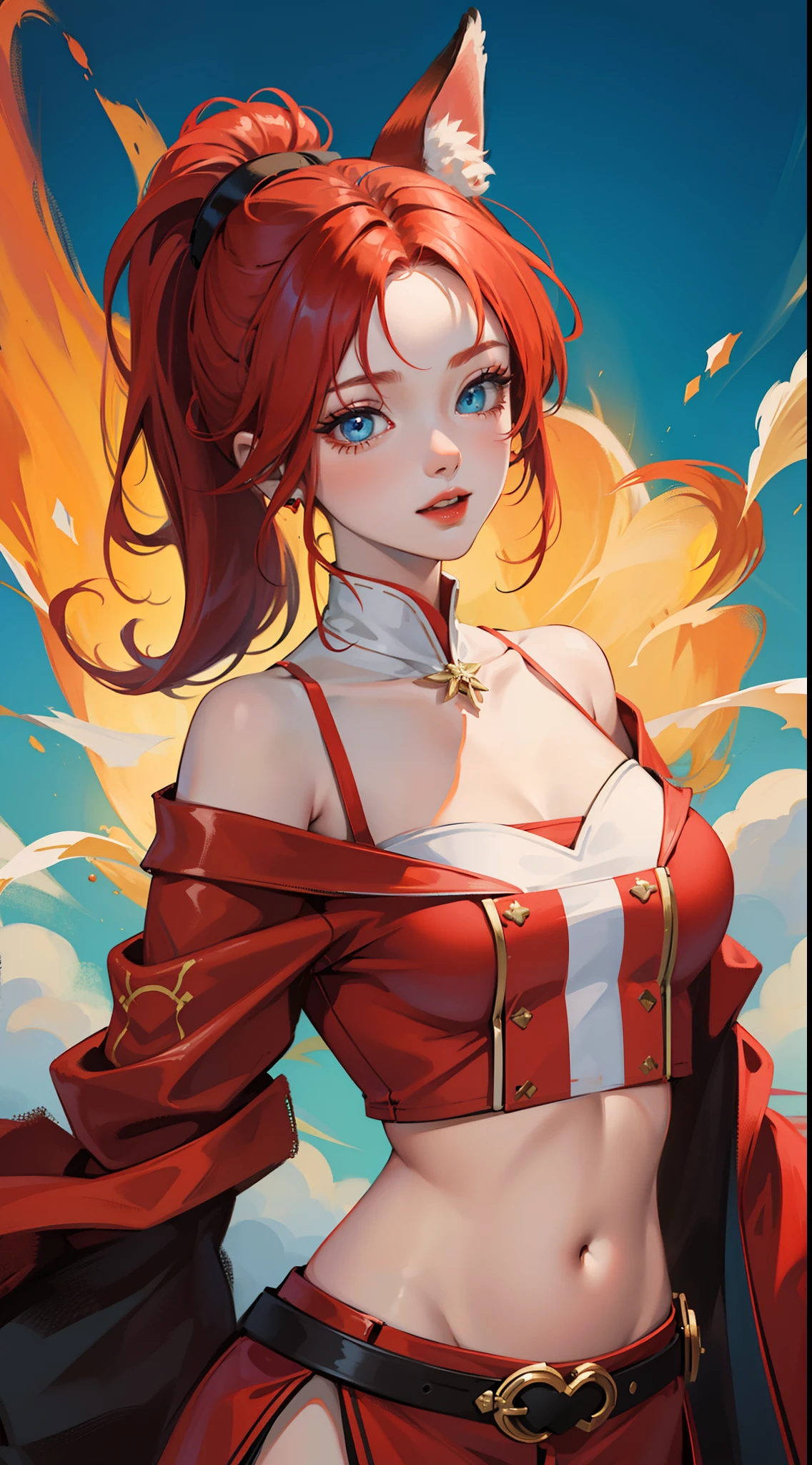 Girl, red dress, gold stripe in the middle of the dress, a shiny gold flower, red hair, blue eyes, and a red lip.
