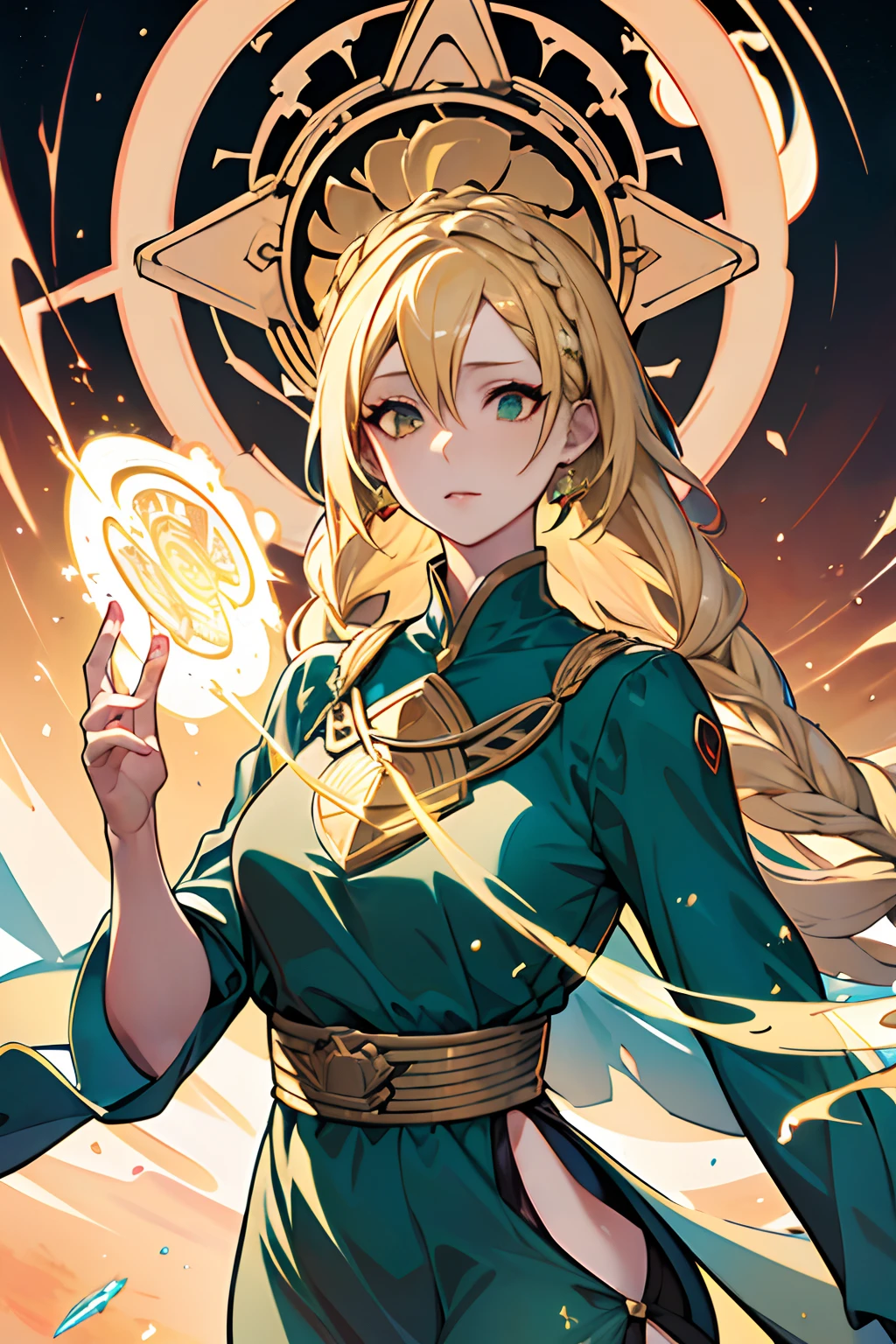 (masutepiece, Best Quality, hight resolution:1.4),, upper body, (adult:1.6) ukrainian woman, (smirk:0.4), braided blonde hair, emerald eyes, medieval sundress, floating light particles, centered,Woman knight,nobles,Fire Emblem