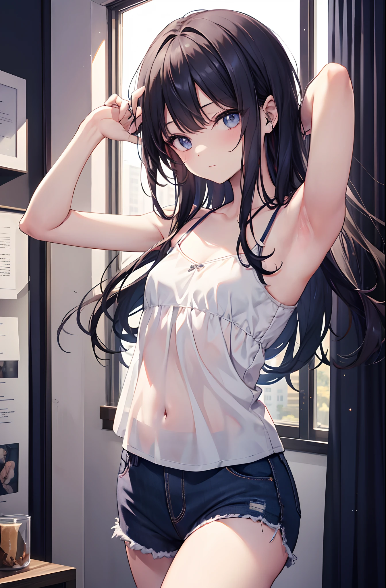 1girl, young cool girl,  18 years old, medium size, , in the room, small body, beautiful pose, camisole, armpit, peace