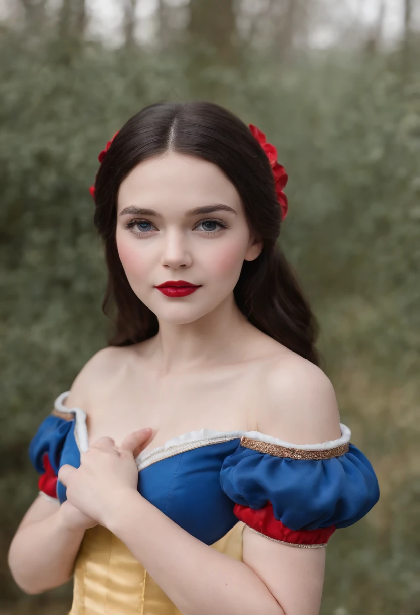 (5 ), (Snow White cos:1.3), little child, Little blue and red dress, Ultra photo realsisim, Realistic, best quality real texture skin,cute true circle Symmetrical eyes, cute face, medieval world, epic realistic, Cinematic