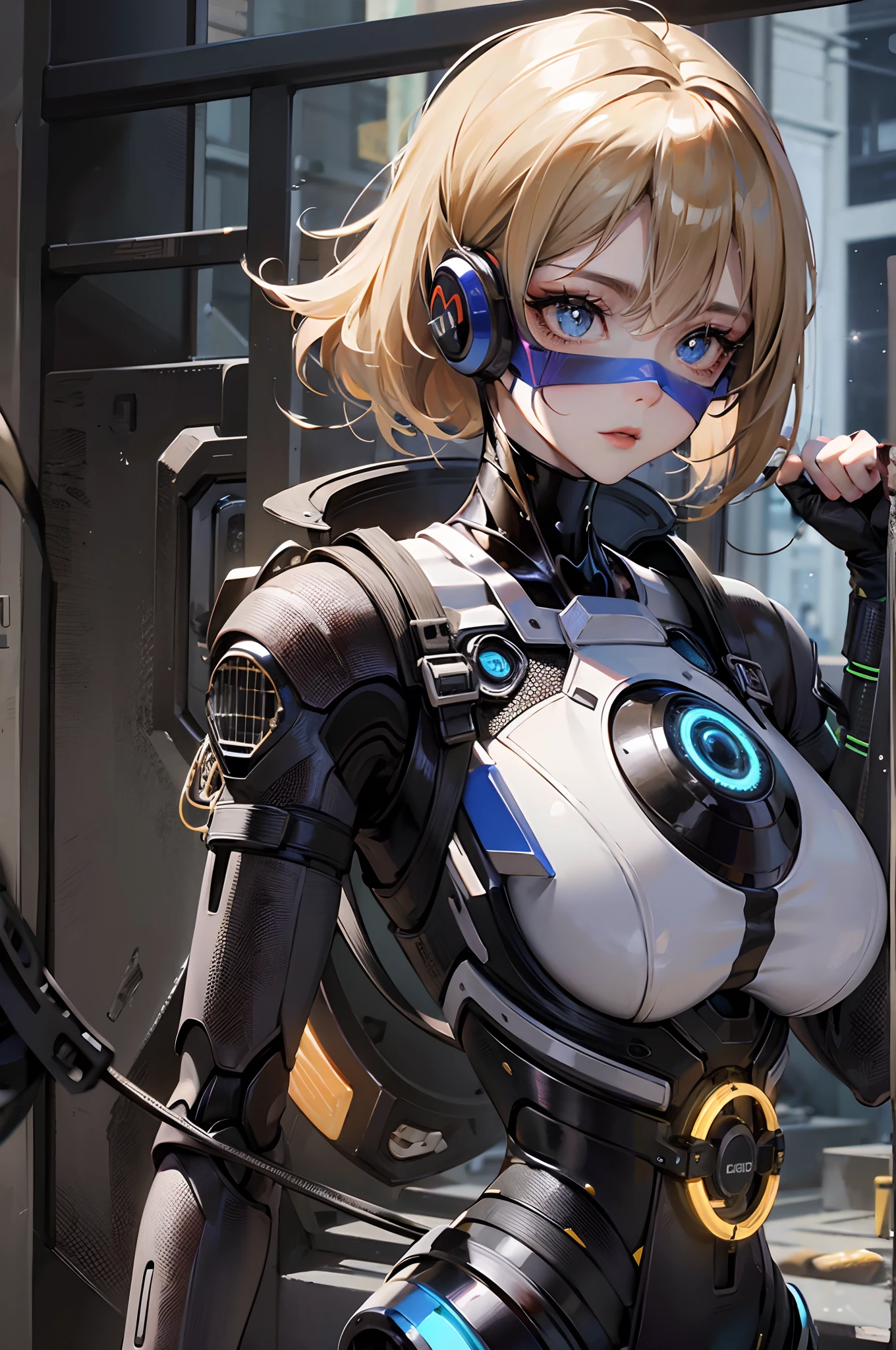 (((n.s.f.w:1.5))),((1girl in:1.5)),((cybernetic body:1.5)),(Highest image quality, excellent details, Ultra-high resolution, (Realism: 1.4), The best illustrations, favor details, One girl highly condensed,(presence:1.5),(Dynamic:1.5),(Bold:1.5)),(Thin hair:1.8),(blonde bob hair:1.5),((blue eye:1.2)),(mechanical bunny ears headband:1.3),the background is a high-tech lighting scene of the futuristic city, 