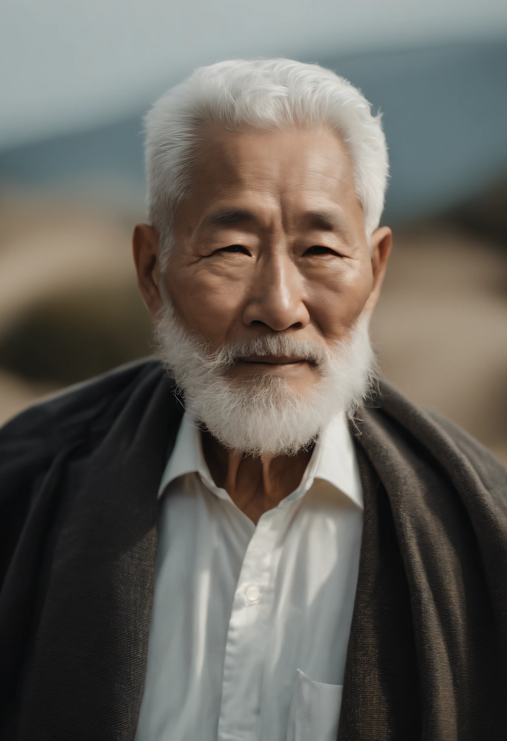Cinematic portrait , An 80-year-old Asian man, Tall，Thin and thin, (80 years:1.1), (Shaved:1.2), (Very short white hair is a bit curly:1.5),(Long beard:1.6). Plain coat, white  shirt . Minimalist background, Own composition, detalhe poderoso, pastel colour, hasselblatt, RAW style