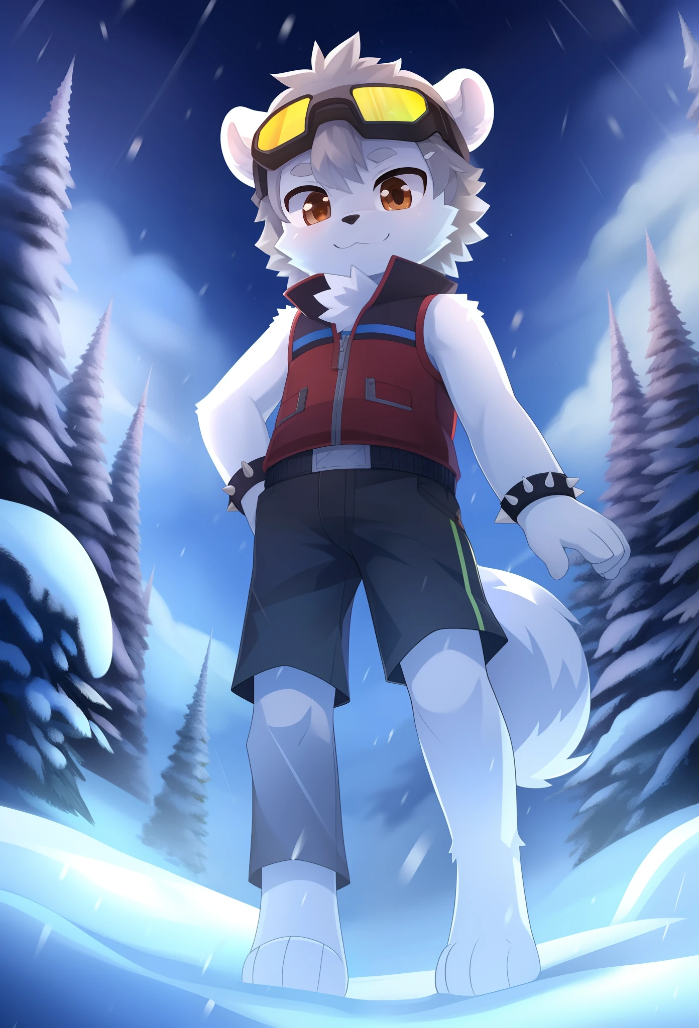 Furry shota, young, polar bear, grey hair, spiky hair, spiky short ponytail, detailed body fur, brown eyes, winter blue vest, open clothes, black trunks, wool cap, snow goggles, masterpiece, looking at you, white body fur, detailed face, big eyebrows, detailed eyes, detailed body, no muscles, snow forest, snow rain, clear sky, detailed hands, flat body, glistering body, shiny body, skinny, spectacular effects, sassy face, :3, paws whit three toes, full body,