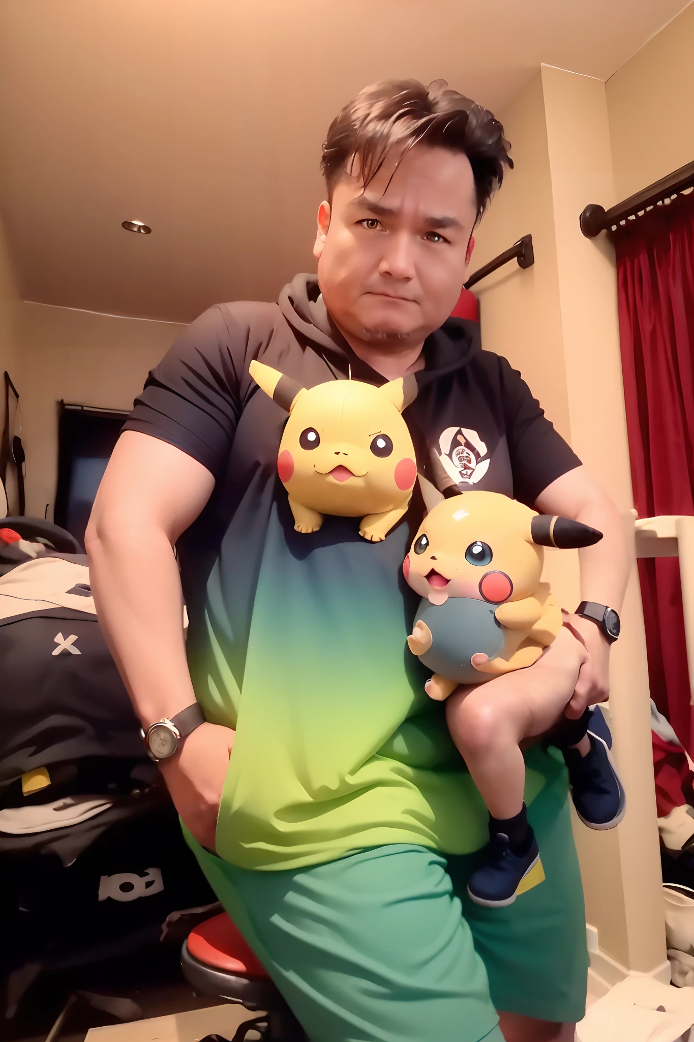 man in the clothing of ash from the Pokémon series holding a pokeball and on his shoulder on top with Pikachu sitting in the chair from the game of the trones series