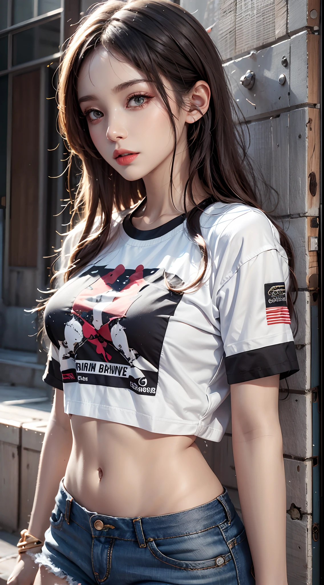 photorealistic, high resolution,masterpiece,best quality,ultra-detailed, 1women, details face, street wear, t-shirt, shorts,