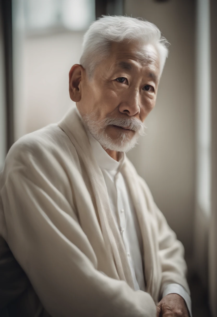 Cinematic portrait , An 80-year-old Asian male, Tall,Thin and thin, (80 years:1.1), (shaved pubic hair:1.2), (Very short white hair with a bit of curls:1.5),(Long beard:1.6). Plain coat, white shirt . Minimalist background, Own composition, detalhe poderoso, pastel colour, hasselblatt, RAW style