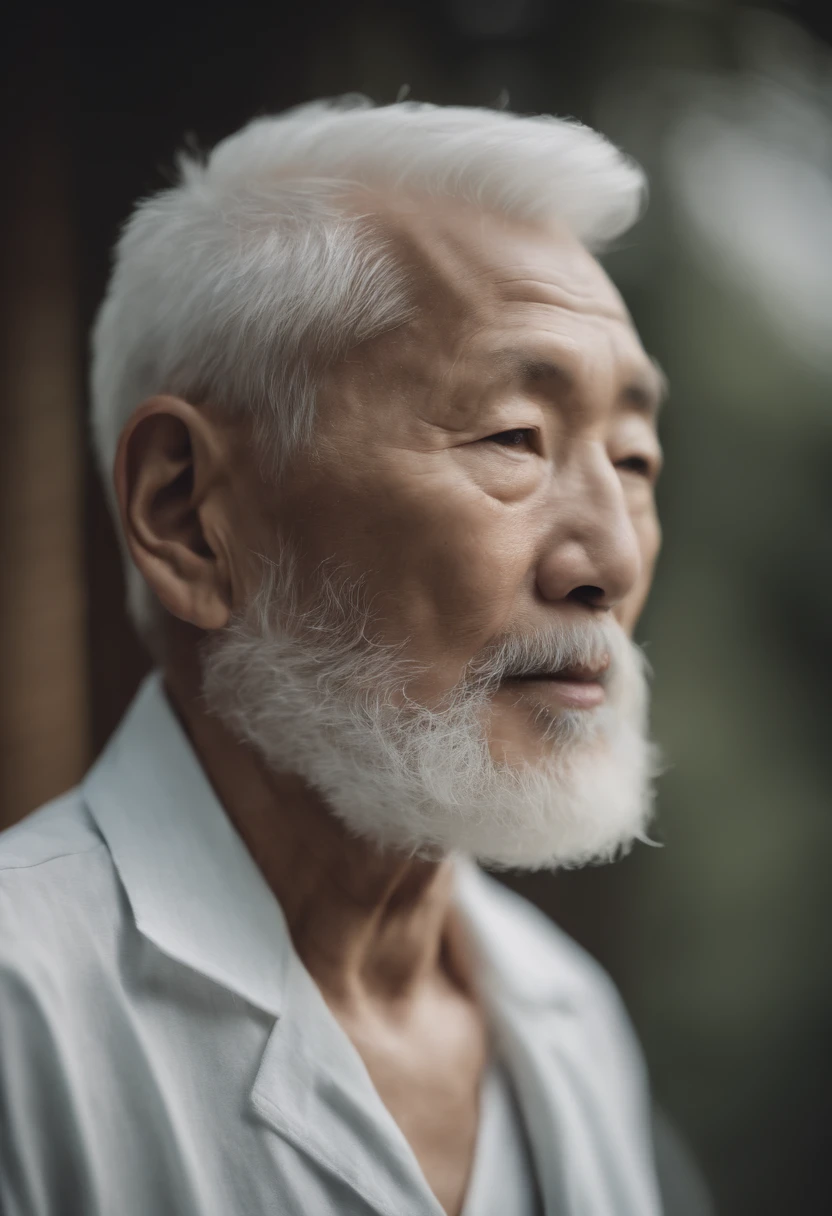 Cinematic portrait , An 80-year-old Asian male, Tall,Thin and thin, (80 years:1.1), (shaved pubic hair:1.2), (Very short white hair with a bit of curls:1.5),(Long beard:1.6). Plain coat, white shirt . Minimalist background, Own composition, detalhe poderoso, pastel colour, hasselblatt, RAW style