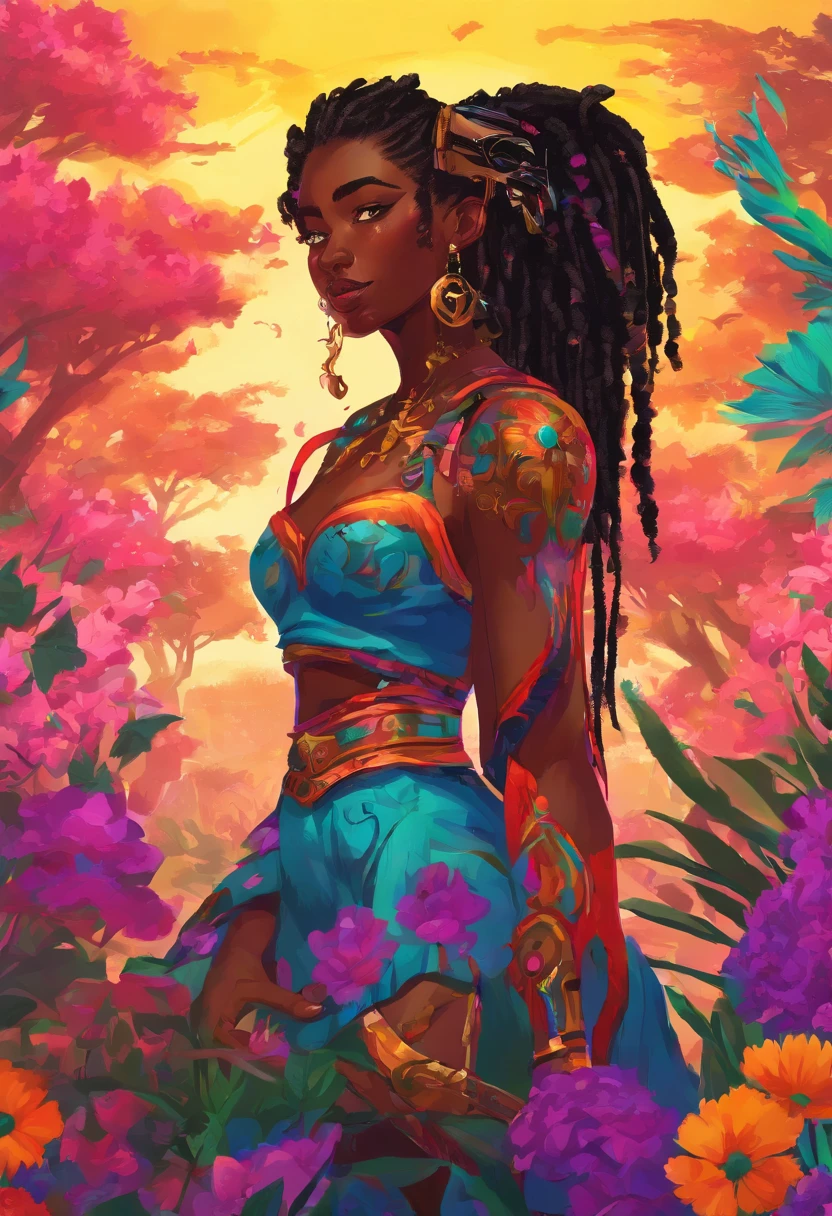 (a boy, a man, a sir) with (ebony,black) (skin,complexion) and (long, flowing) (black, dark) (dreadlocks, hair), (beautiful detailed eyes,beautiful detailed lips,extremely detailed eyes and face,longeyelashes). He is (standing,sitting) in a (lush, vibrant) garden surrounded by (colorful, blooming) flowers. He is wearing a (colorful, flowing) dress, and her (graceful, elegant) posture exudes confidence and (femininity, strength). The sunlight gently illuminates her face, casting a soft and (warm,golden) glow. The scene is (realistic,photorealistic:1.37) and (best quality,highres), with (vivid,rich) colors and (sharp,defined) details.