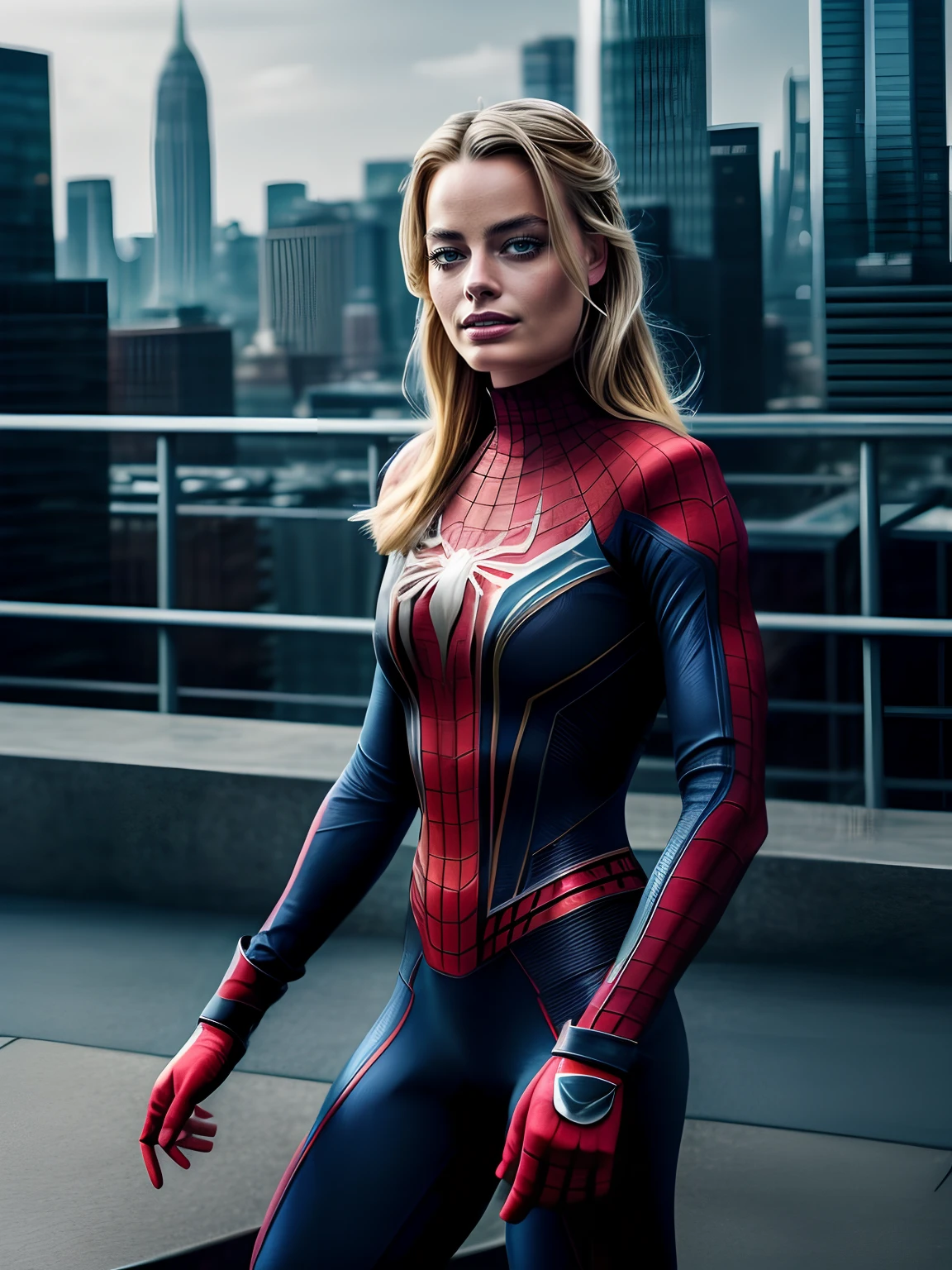 A Photograph of a confident Margot Robbie wearing a sleek Spiderman outfit, standing against a cityscape backdrop. The lighting highlights the textures of the costume, with a mix of sharp and soft shadows to add depth. The composition captures her in a dynamic pose, mid-action, with a sense of strength and determination radiating from her. The color palette focuses on deep blues and vibrant reds, creating a visually striking contrast.masterpiece, high details, best quality, HD, realism.