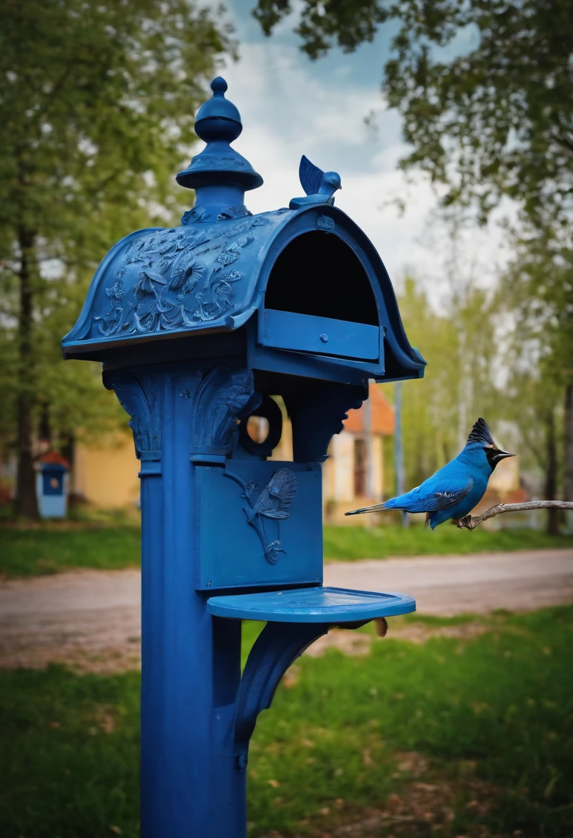 Beautiful blue Belarusian mailbox, Birds fly around
