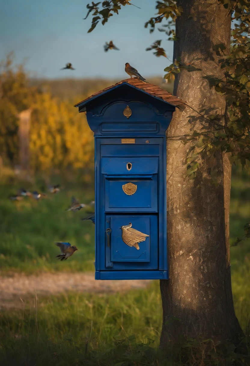 Beautiful blue Belarusian mailbox, Birds fly around