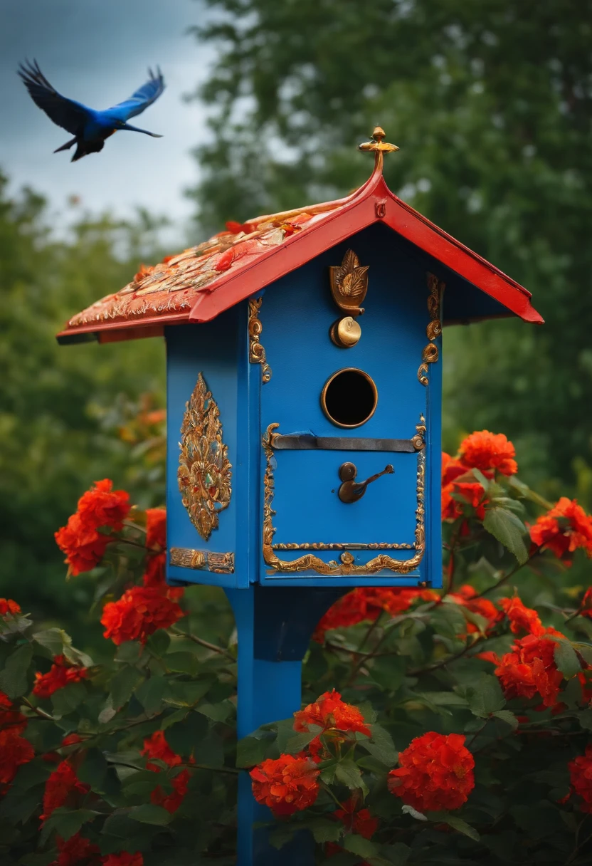 Beautiful blue Belarusian mailbox, Birds fly around