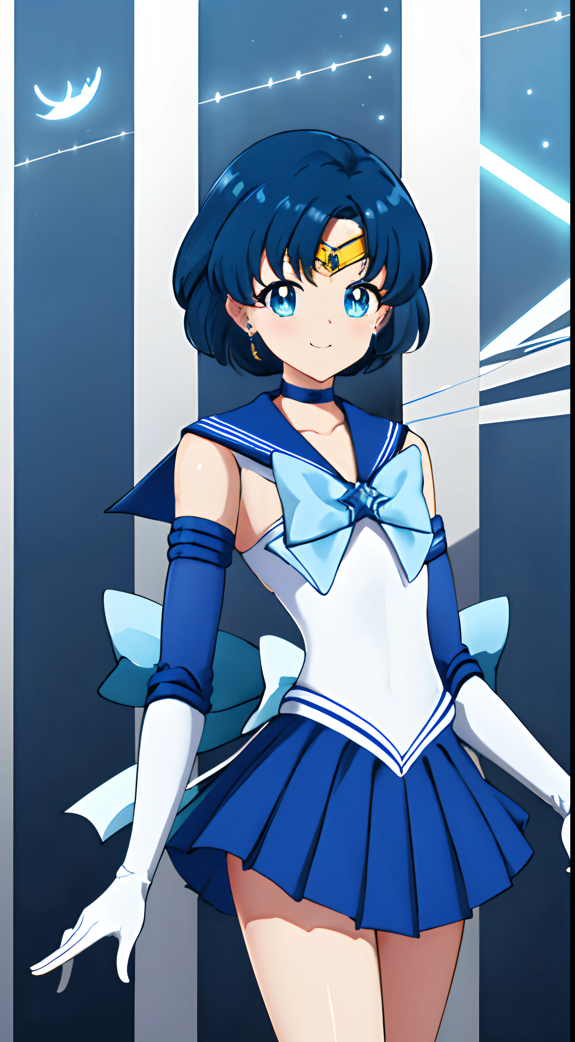 ​masterpiece, top-quality, Hi-Res, Mer1, tiarra, Sailor Senshi Uniform, Blue sailor color, the bow, knee boots, a choker, white glove, Blue choker, elbowgloves, jewely, 耳Nipple Ring, a blue skirt, cowboy  shot, is standing, spaces_Background、mercury、A smile,Sailor Mercury,look at viewer,a smile