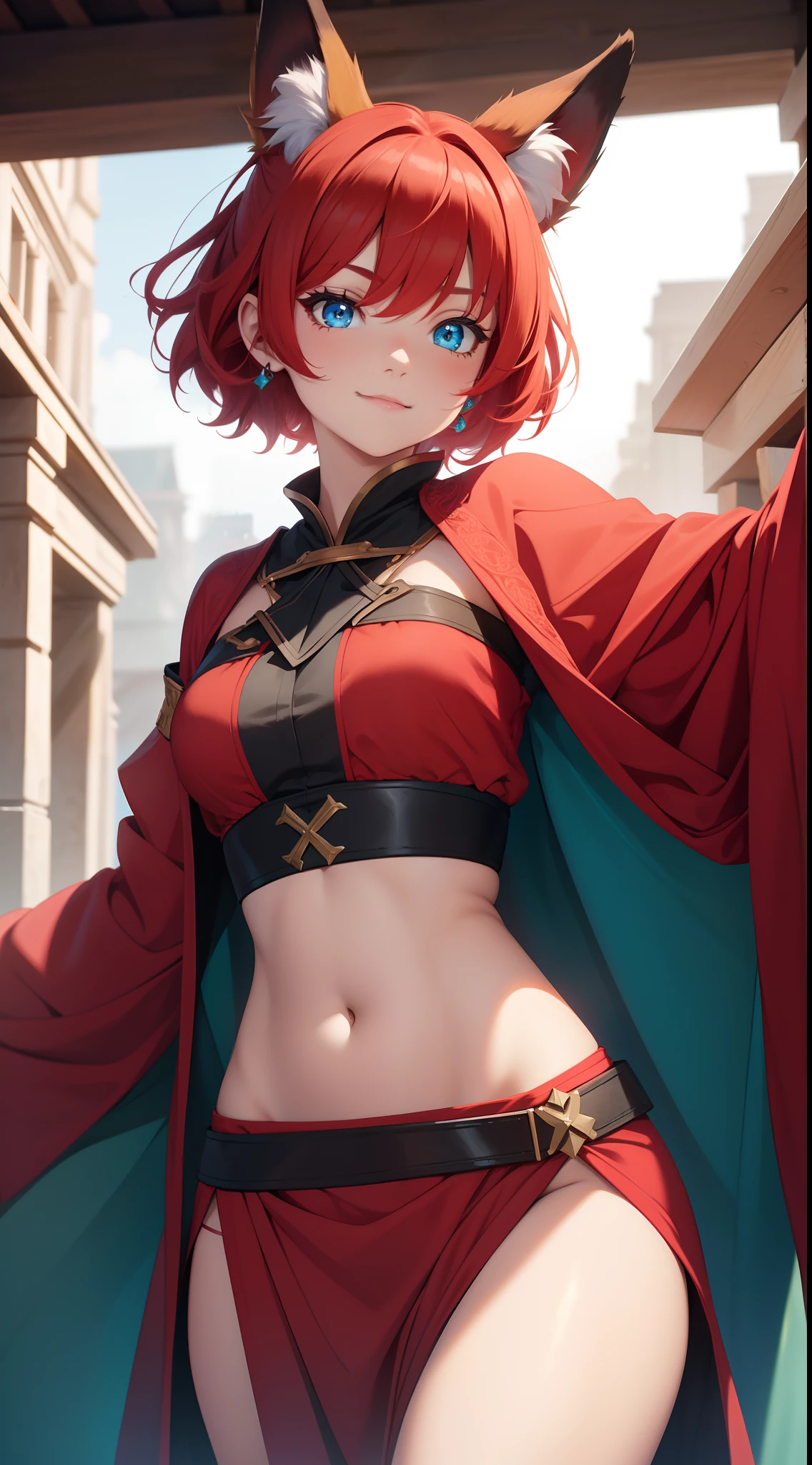 young girl, short red hair, high ponytail, Cyan eyes, Red Old Slavonic robe, open belly, ssmile, Fox ears, Fox tails, Masterpiece, hiquality, high detail, HD, 4k