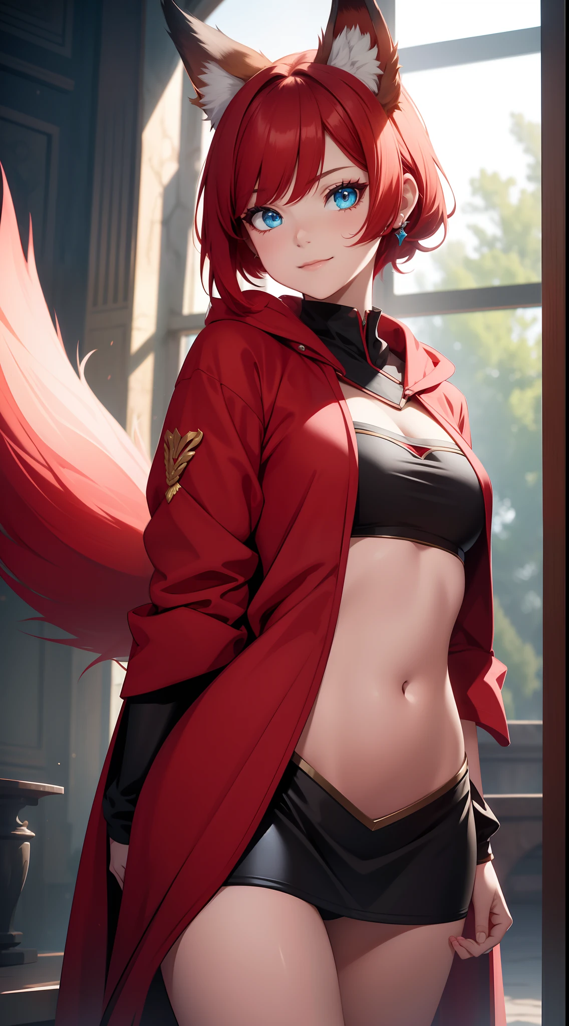young girl, short red hair, high ponytail, Cyan eyes, Red Old Slavonic robe, open belly, ssmile, Fox ears, Fox tails, Masterpiece, hiquality, high detail, HD, 4k