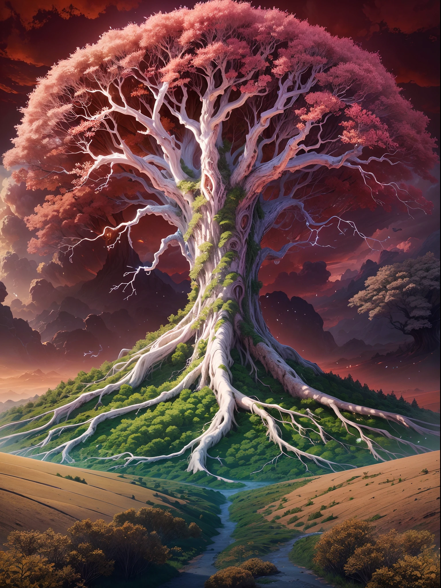 A giant extraterrestrial world tree stretches high into the sky, its thick roots digging deep into the ground. The tree is made of white wood, giving it an otherworldly appearance. Its leaves, vibrant in shades of red, flutter in the breeze, creating a mesmerizing sight. The tree stands alone on an alien landscape, surrounded by a vast expanse of blue grass fields. The grass has an unusual shade, adding to the ethereal atmosphere. The leaves of the tree have a strange and unique shape, contributing to the tree's distinctive character. Light particles dance in the air, casting a soft glow on the tree and its surroundings. The image quality is of the highest standard, with ultra-detailed rendering that brings out the intricate textures of the tree and the grass. The scene is realistic and photorealistic, creating a truly immersive experience. The overall color tone is vibrant and vivid, enhancing the otherworldly nature of the tree and the landscape. The lighting is carefully orchestrated, with a soft, diffused light casting a gentle glow on the scene, creating a serene and mystical ambiance.