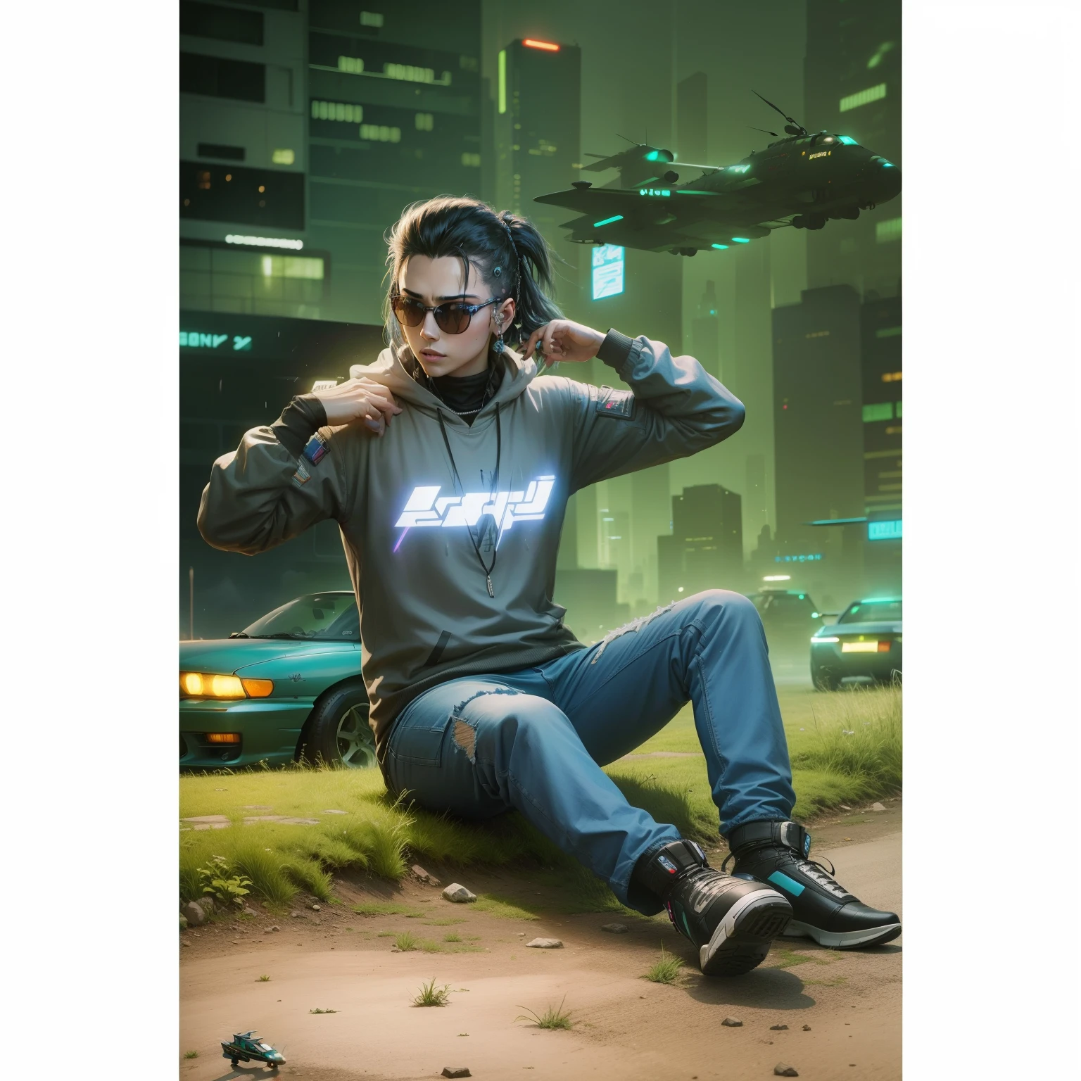 Cyberpunk background,car background, aeroplane fly, cool lighting