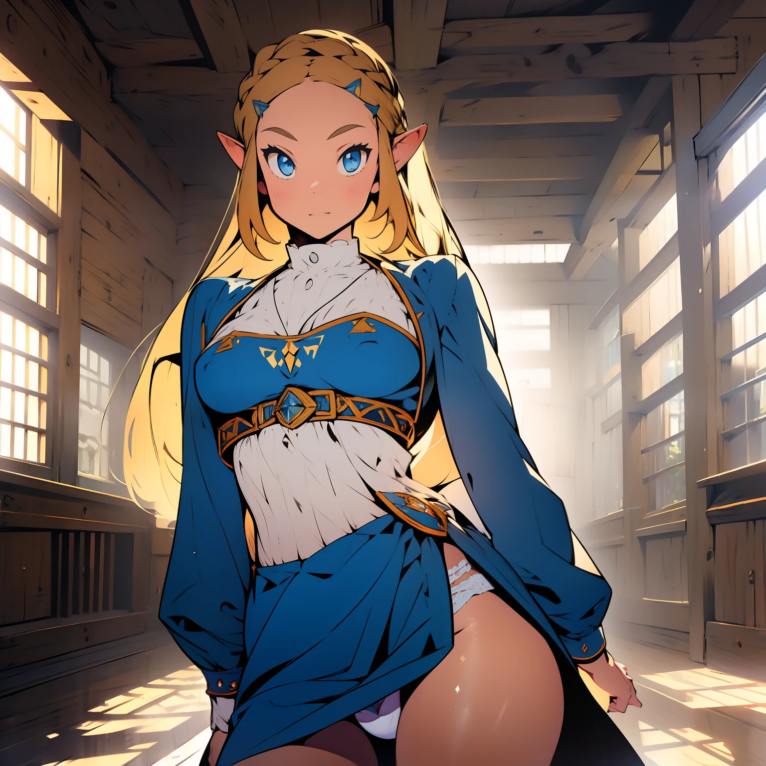 (masterpiece, best quality), cowboy shot, 1girl, indoors, beautiful, gorgeous, cleveage, expressive eyes, perfect face, ( Princess zelda )

blonde, disney modern style, underboob, white panties, long blonde hair, braid, blue detailed eyes,