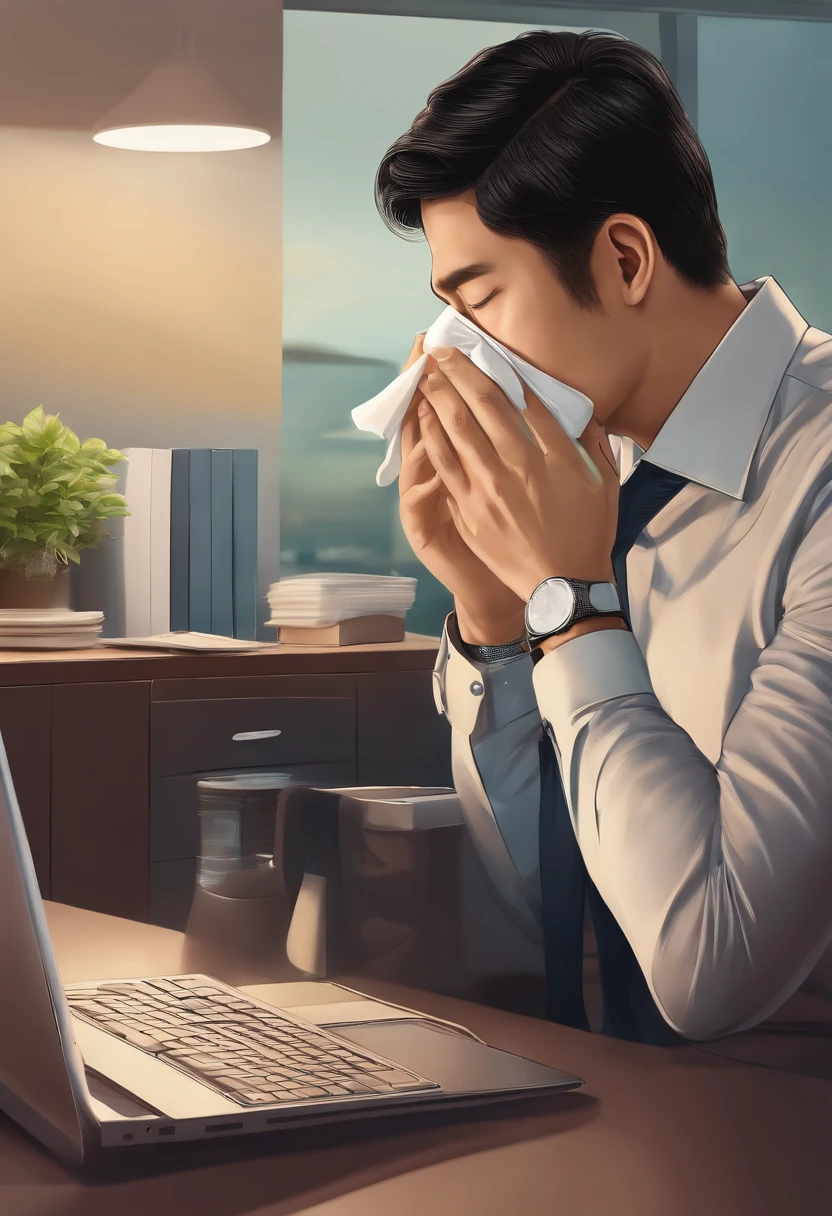 A photo of a 35-year-old Korean male IT company office worker blowing his nose