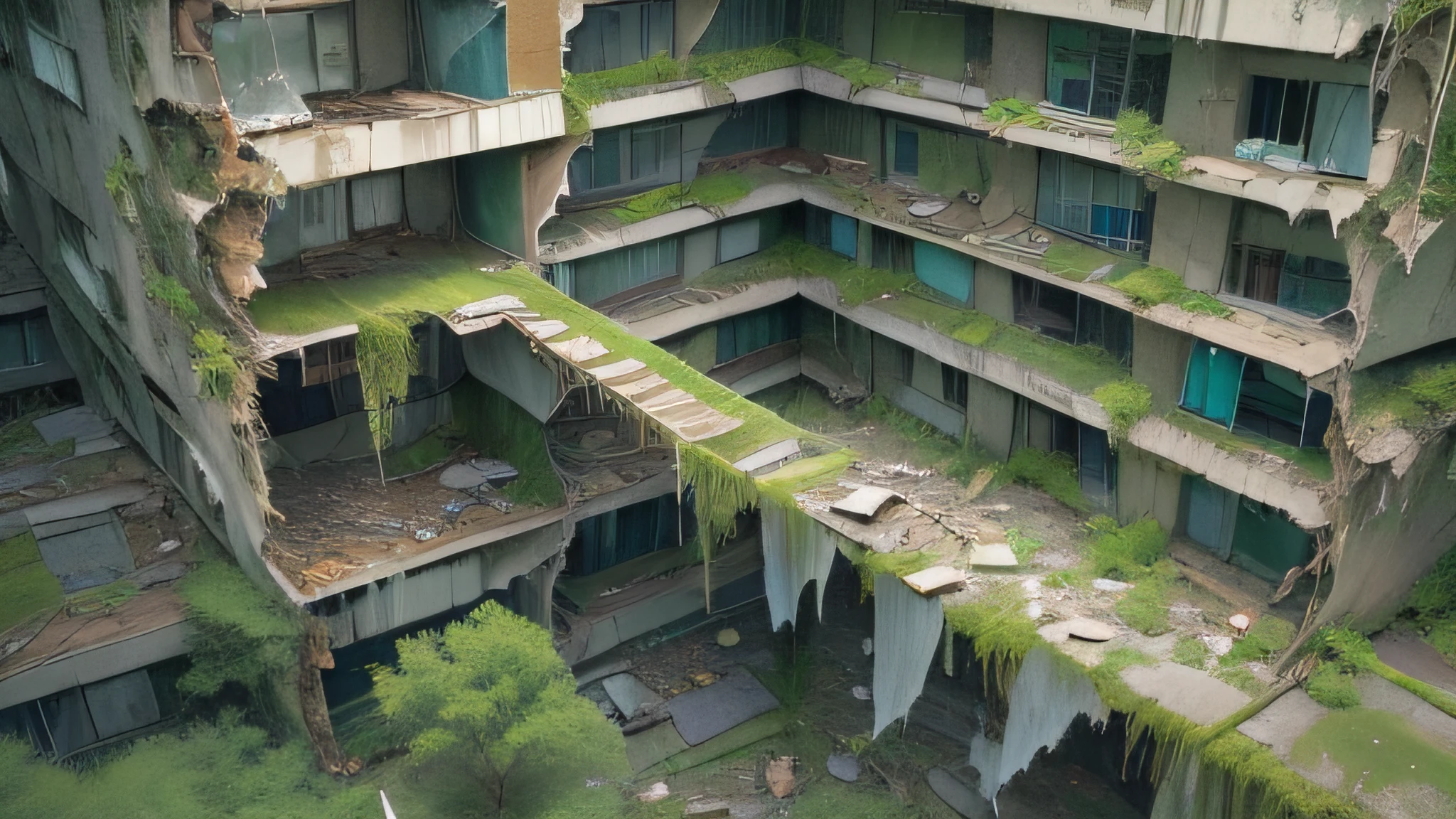 surreal architecture, surreal abandoned buildings, abandoned flying future city,decrepit,Broken,Armageddon,Dilapidated building,Buildings overgrown with plants,the night,Black sky