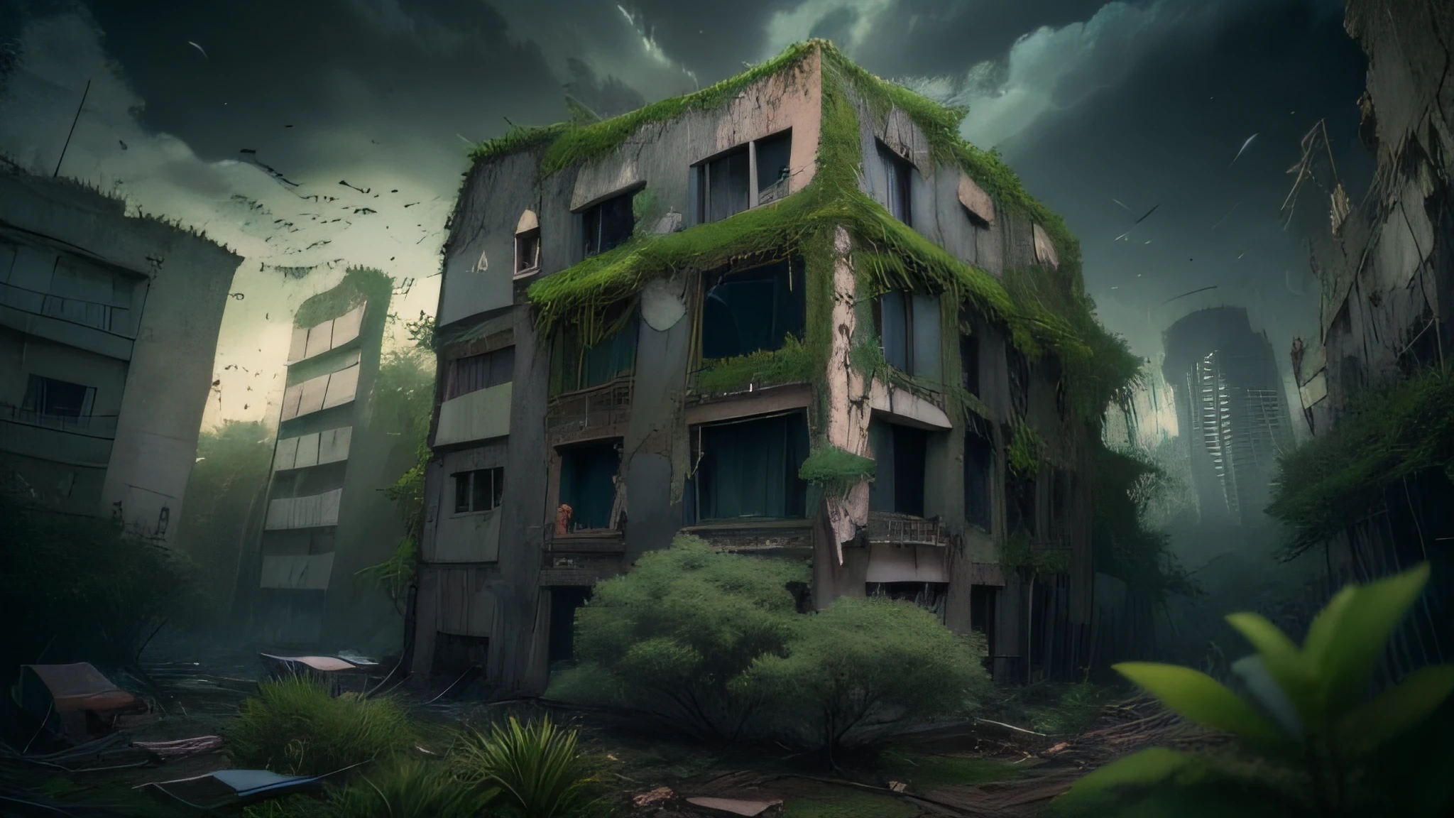 surreal architecture, surreal abandoned buildings, abandoned flying future city,decrepit,Broken,Armageddon,Dilapidated building,Buildings overgrown with plants,the night,Black sky