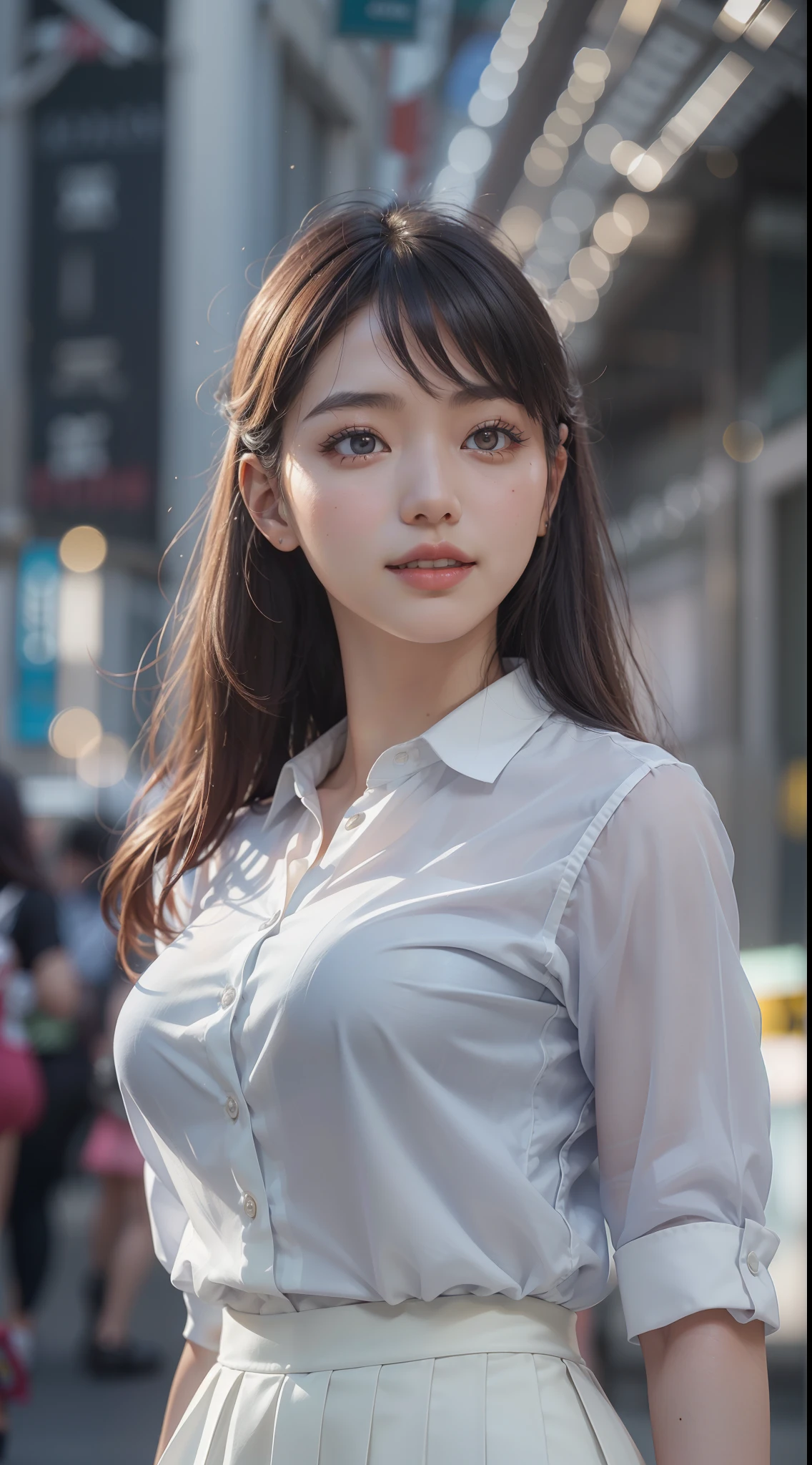 Attractive lonely woman in white collar shirt and tight skirt in the city、Asian woman smiling at Alafe,、1 persons、Young Pretty Gravure Idol, Colossal tits、Young skinny gravure idol, Realistic Young Gravure Idol, Young Sensual Gravure Idol, Photorealistic: 1.5、japanes, drooping eyes: 1.3, Perfect proportions, Portrait, ((Nikon Student) (Photo)) (8K, FujifilmXT3, masutepiece, ((Real Skin)) (No retouching, Lip gloss, False eyelashes, Real Skin, Highest Quality, Ultra-high resolution, depth of fields, chromatic abberation, Caustics) , Wide Lighting, Natural Shading))