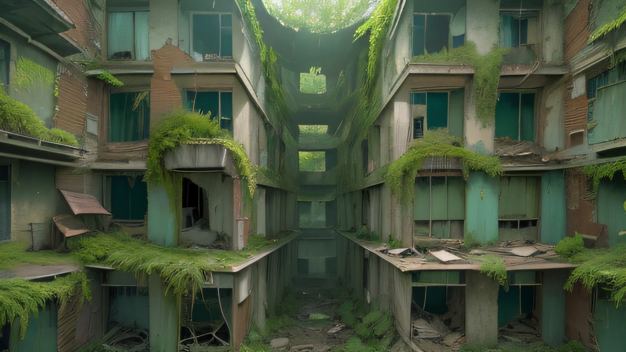 surreal architecture, surreal abandoned buildings, abandoned flying future city,decrepit，Broken，Armageddon，Dilapidated building，Buildings overgrown with plants，the night，Black sky