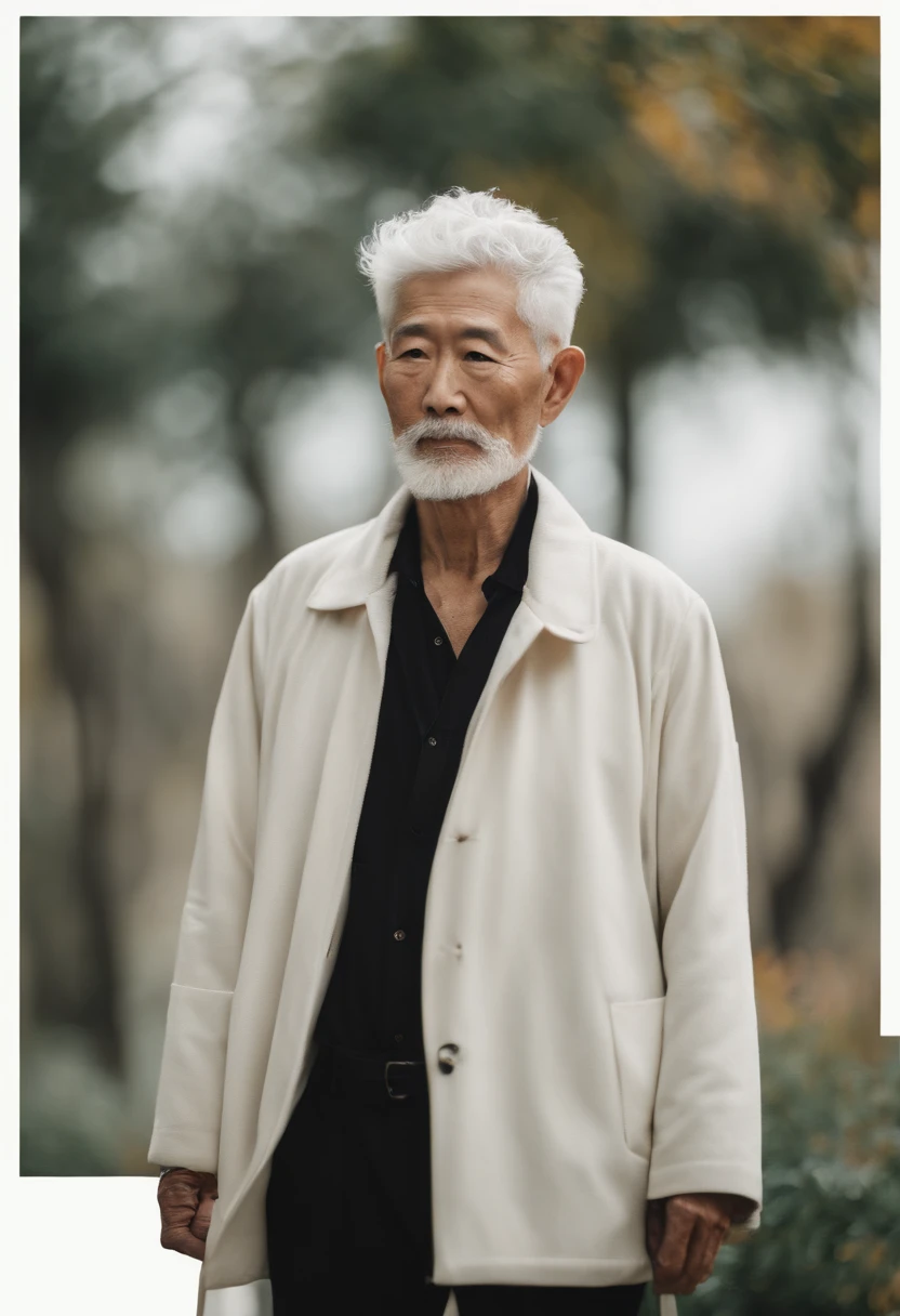 Cinematic portrait , An 80-year-old Asian male, Tall，Thin and thin, (80 years:1.1), (shaved pubic hair:1.2), (very short white hair，A little curly:1.5),(Long beard:1.6). Plain coat, white  shirt . Minimalist background, Own composition, detalhe poderoso, Autumn background，the soft light, hasselblatt, RAW style