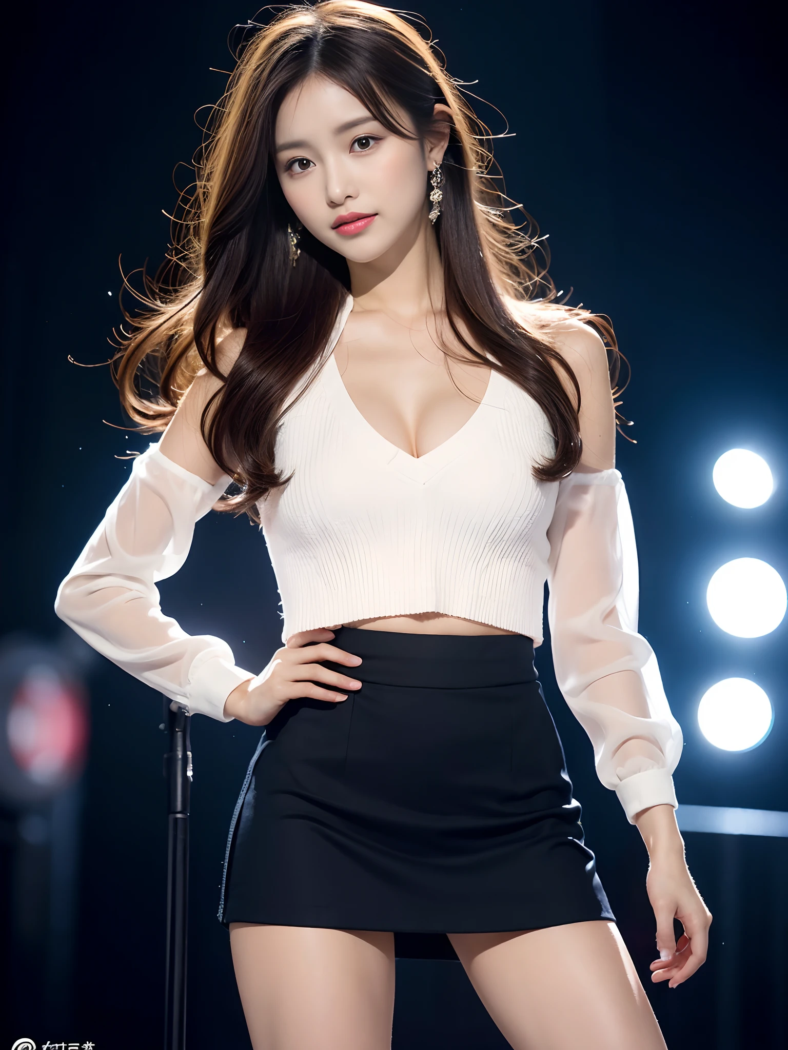 8K, Best Quality, Ultra High Definition, Masterpiece, Realistic, Photorealistic, High Contrast, Photon Mapping, Realistic, Ultra Detail, Low Angle: 1.3, 1 Girl, Solo: 1.5, Full Body, Night Concert Venue Stage, KPOP Star, KPOP Idol, KPOP Outfit, Sexy, Fancy Makeup, Blazer: 1.2, Short Skirt: 1.2, Blouse, Raw legs, high heels, 100 degree open legs: 1.5, М legs, crotch open: 1.5, long brown hair, see-through wet white panties: 1.5, panties visible from under the skirt: 1.3, tall, height is 170 cm, long legs: 1.2, small breasts, beautiful face: 1.2, detailed female pubic shape is clearly visible: 1.3, pubic hair: 1.3, no panties:1.3、textured skin