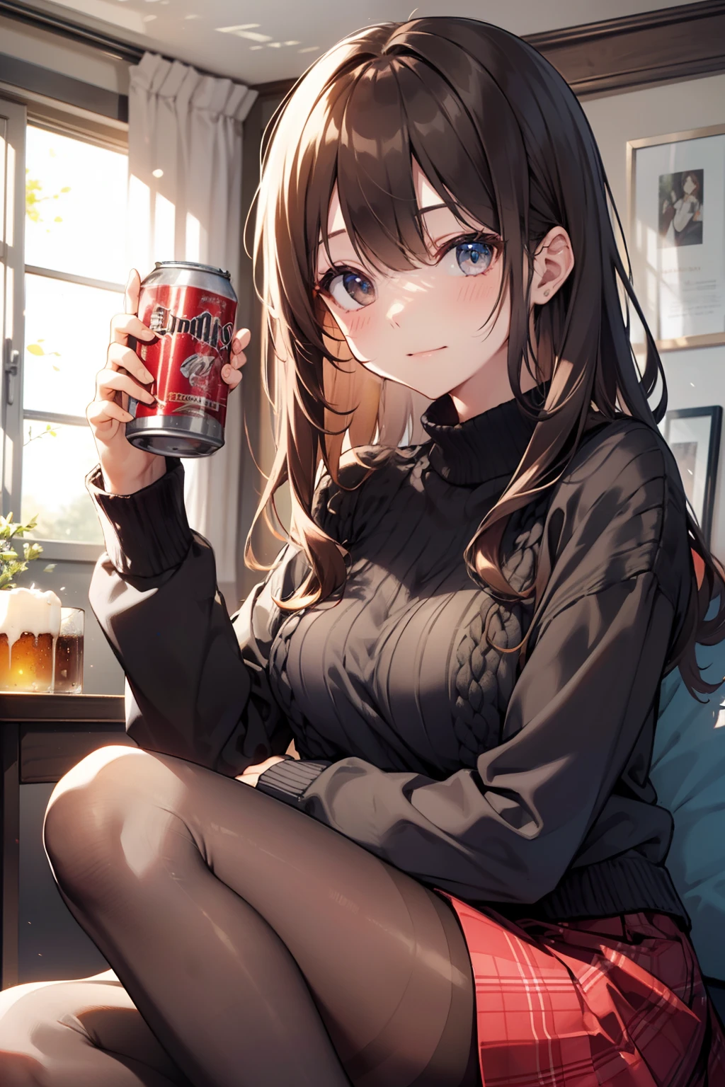 top-quality、Full limbs、complete fingers、Slender beauty、straight haired、Brown hair、((Black Long Sleeve Knit Top))、((Red Mini Flared Skirt))、Brown pantyhose、Beautiful Large Breasts、home、girl's own room、Low Table、sit on sofa、Blushing、Holding a can of beer in both hands and drinking、close your eyes strongly、Mouth wide open and happy