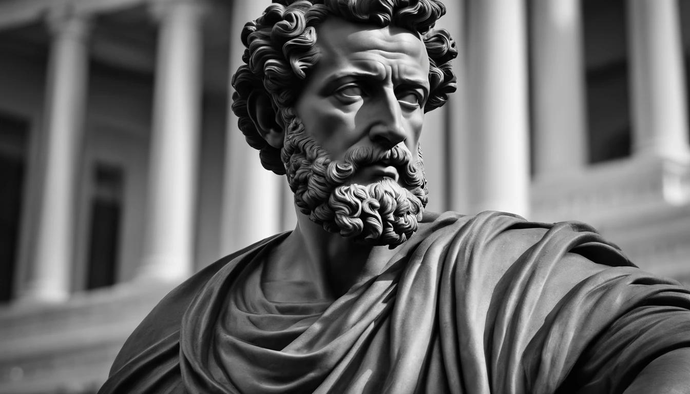 a portrait statue of the stoic Marcus Aurelius in black and white 4K,Face de lado, super realista