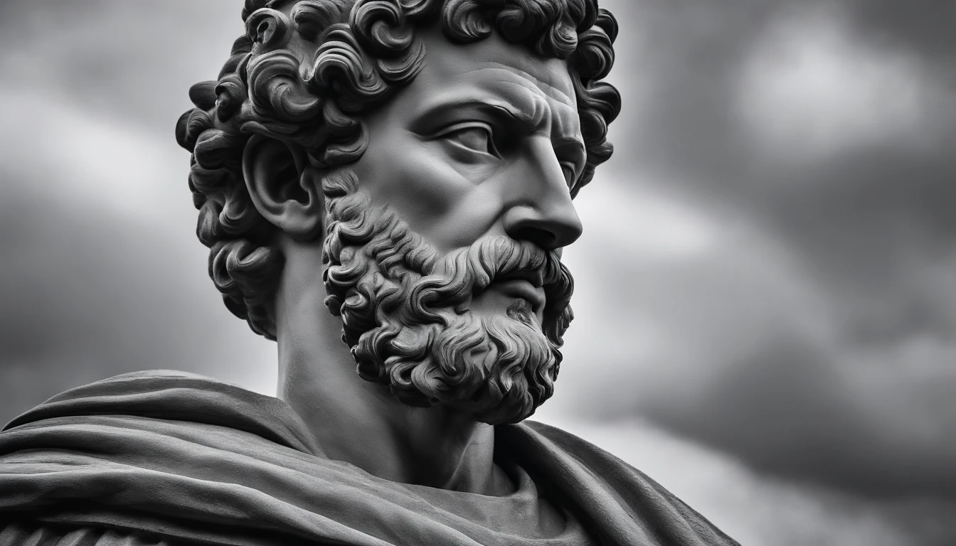 a portrait statue of the stoic Marcus Aurelius in black and white 4K,Face de lado, super realista