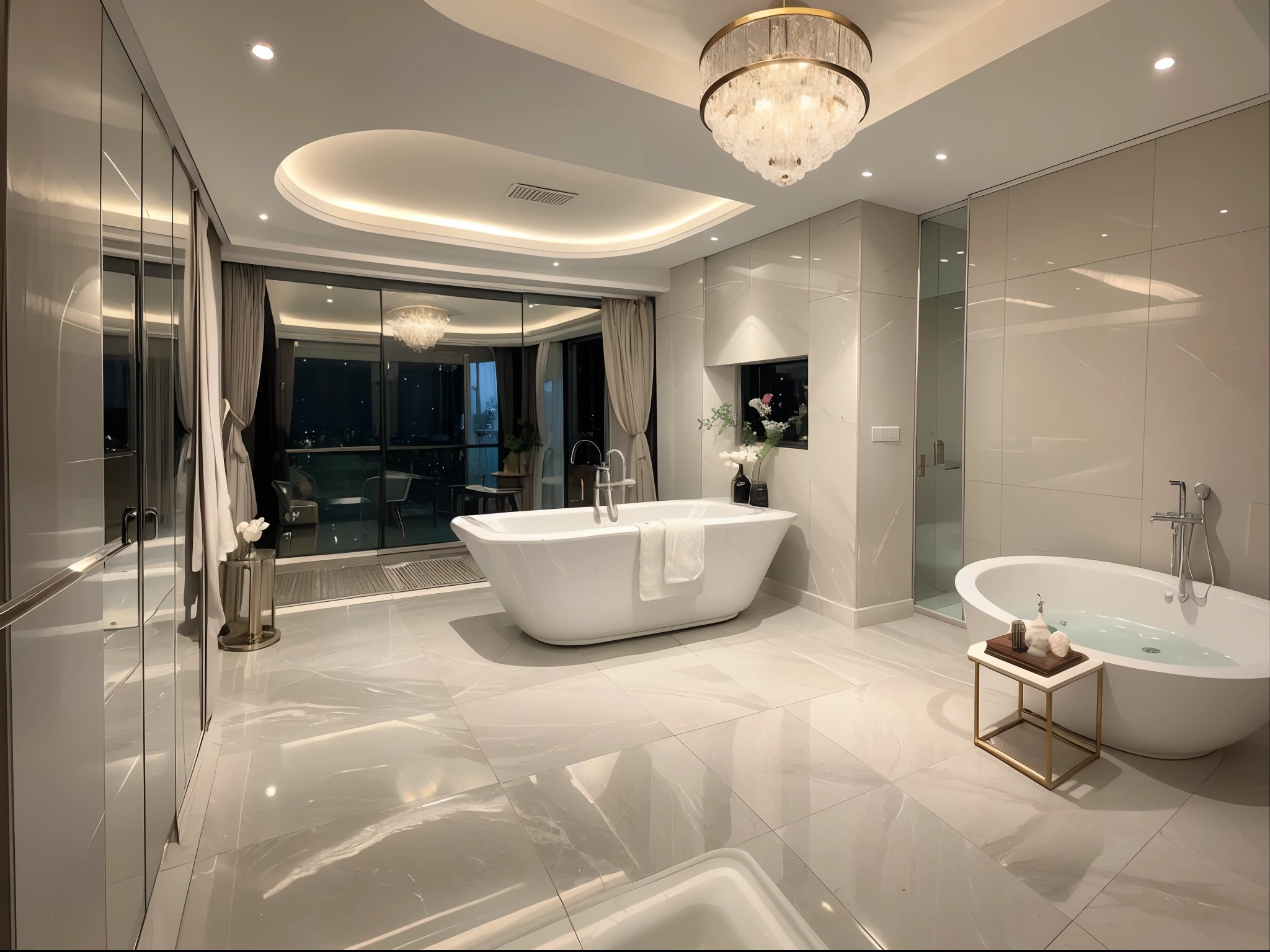 ，Masterpiece, Best quality，8K, 超高分辨率，Step into this high-end luxury bathroom，It was as if entering the bathroom of an aristocrat。The marble floors and walls exude a cool texture，It makes people feel prestigious。The white and clean bathtub lies quietly in the corner，Warm candlelight lights up the space。Starlight lighting on the ceiling fills the space with a mysterious atmosphere。Over here，You can enjoy luxurious spa services，Let the exhaustion of the day dissipate，Totally relax。