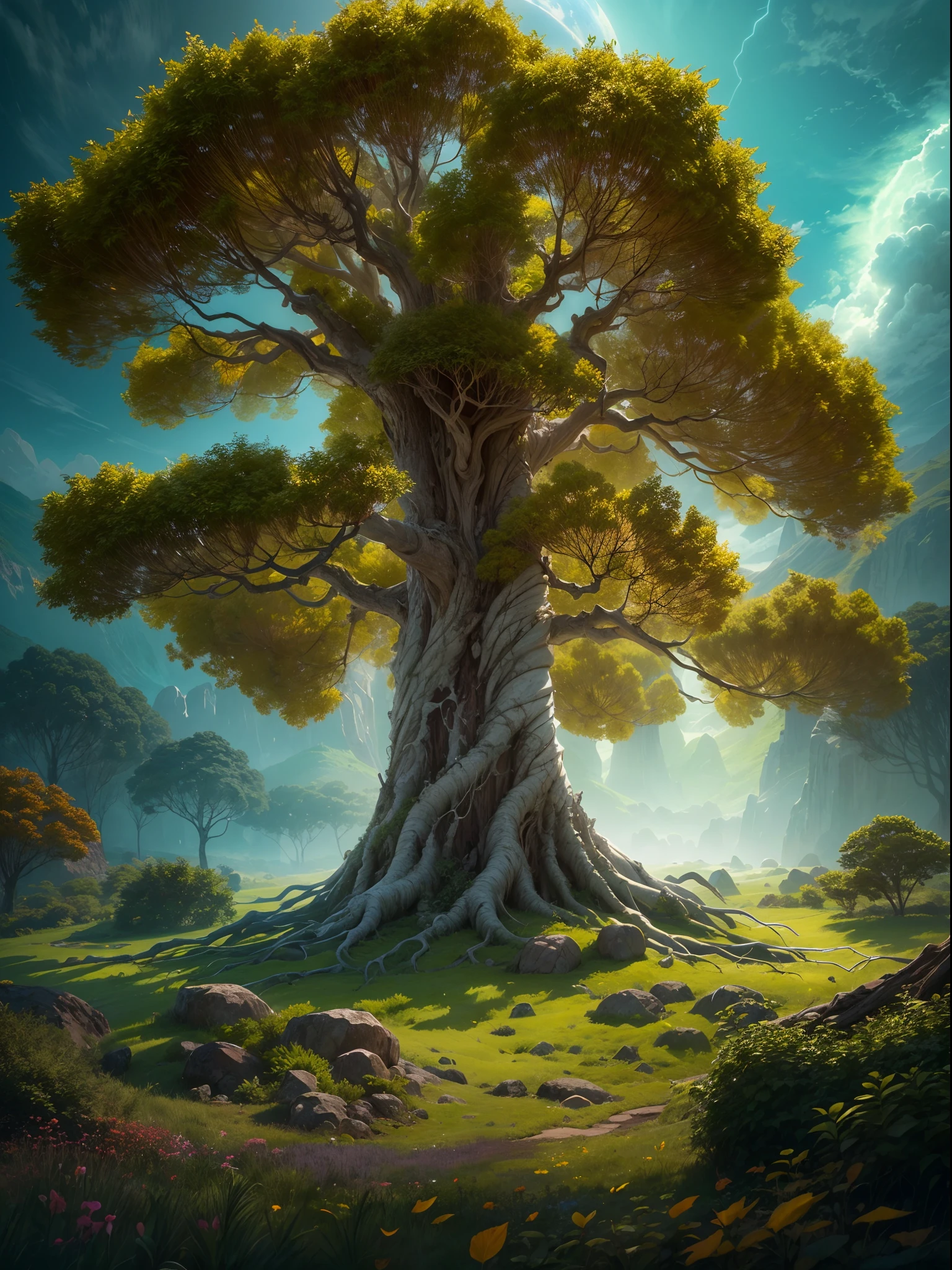 A giant extraterrestrial world tree stretches high into the sky, its thick roots digging deep into the ground. The tree is made of white wood, giving it an otherworldly appearance. Its leaves, vibrant in shades of red, flutter in the breeze, creating a mesmerizing sight. The tree stands alone on an alien landscape, surrounded by a vast expanse of blue grass fields. The grass has an unusual shade, adding to the ethereal atmosphere. The leaves of the tree have a strange and unique shape, contributing to the tree's distinctive character. Light particles dance in the air, casting a soft glow on the tree and its surroundings. The image quality is of the highest standard, with ultra-detailed rendering that brings out the intricate textures of the tree and the grass. The scene is realistic and photorealistic, creating a truly immersive experience. The overall color tone is vibrant and vivid, enhancing the otherworldly nature of the tree and the landscape. The lighting is carefully orchestrated, with a soft, diffused light casting a gentle glow on the scene, creating a serene and mystical ambiance.