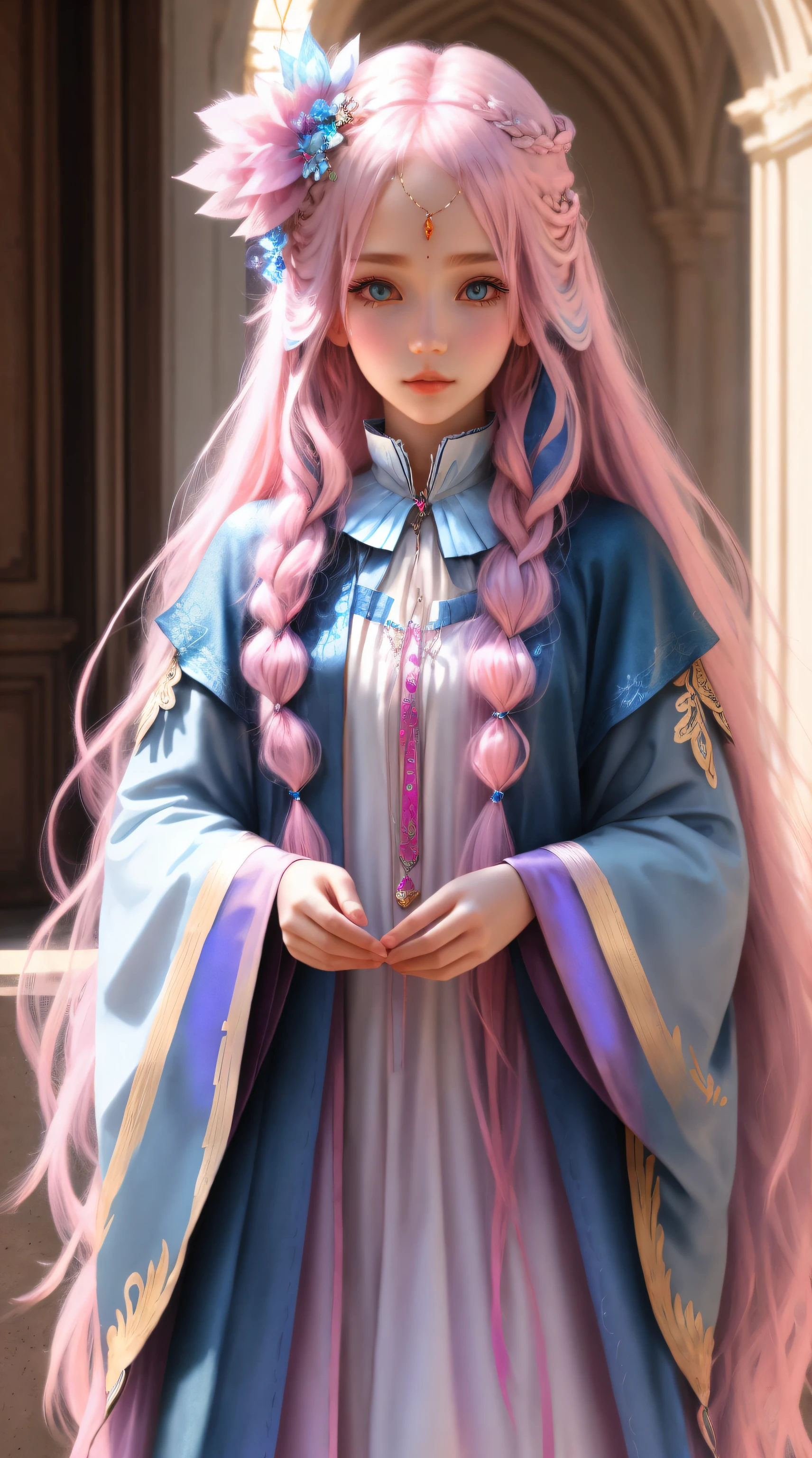 1girll, long whitr hair, Pink hair, Blue eyes, hair adornments。blues, Textured, Intricate, opulent, shadowing, Light pastel colors, 。.3D, Highly detailed,