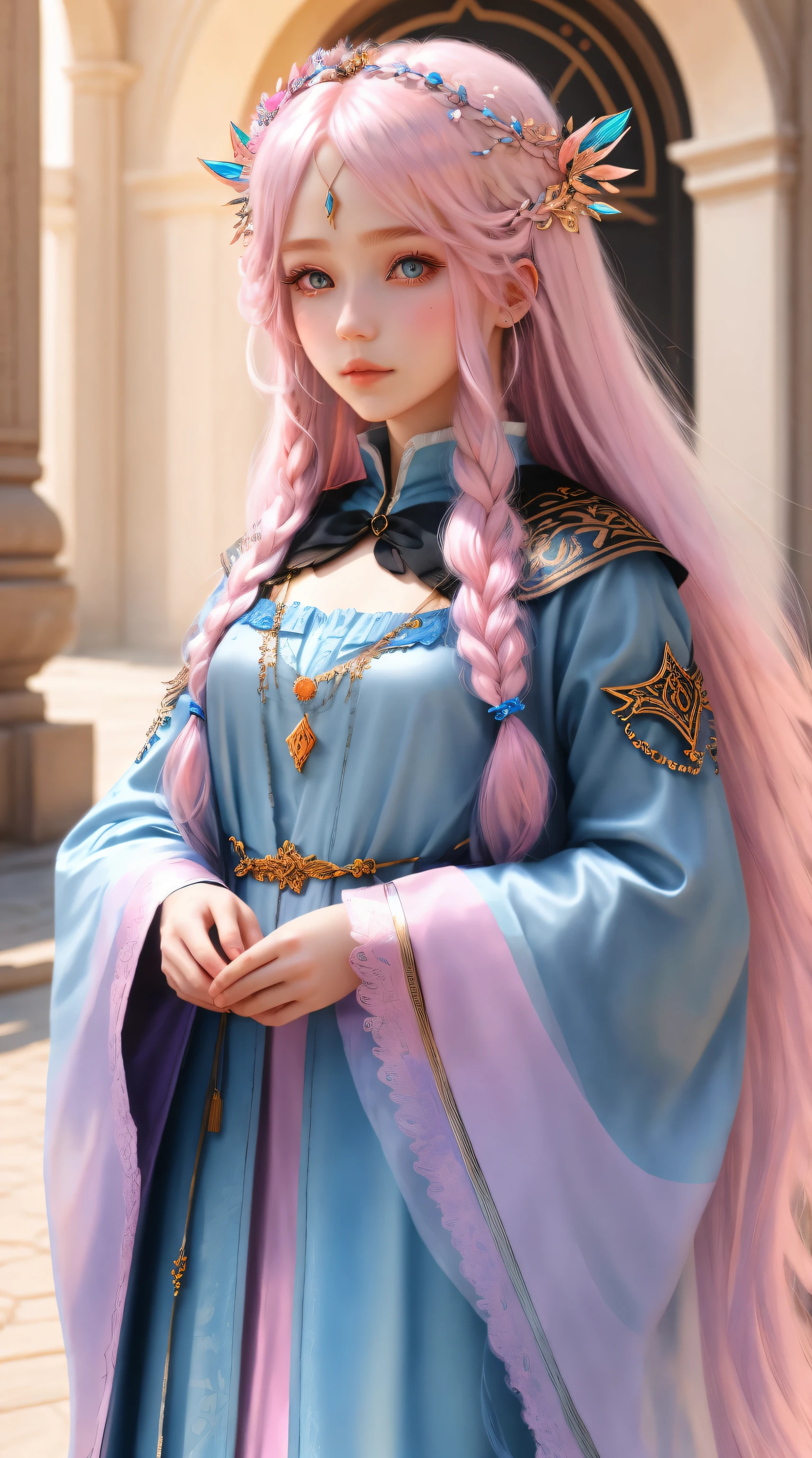 1girll, long whitr hair, Pink hair, Blue eyes, hair adornments。blues, Textured, Intricate, opulent, shadowing, Light pastel colors, 。.3D, Highly detailed,