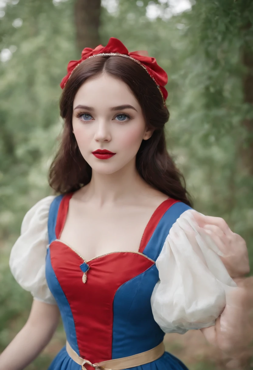 (((1 kid))), (Snow White cosplay), little child, upper body, Little blue and red dress, Ultra photo realsisim, Realistic, best quality real texture skin,cute true circle Symmetrical eyes, cute face, medieval world, epic realistic, Cinematic