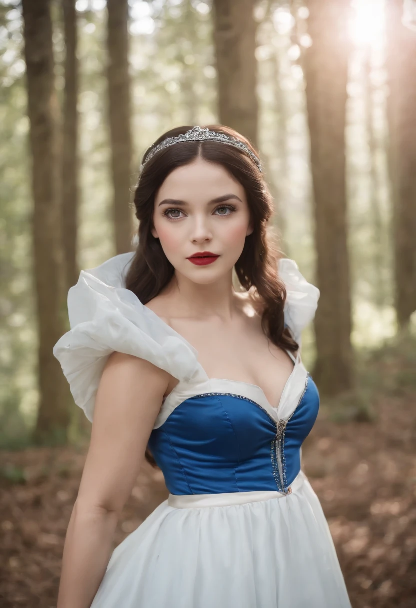 (((1 ))), (Snow White cosplay), litpper body, Little blue and red dress, Ultra photo realsisim, Realistic, best quality real texture skin,cute true circle Symmetrical eyes, cute face, medieval world, epic realistic, Cinematic