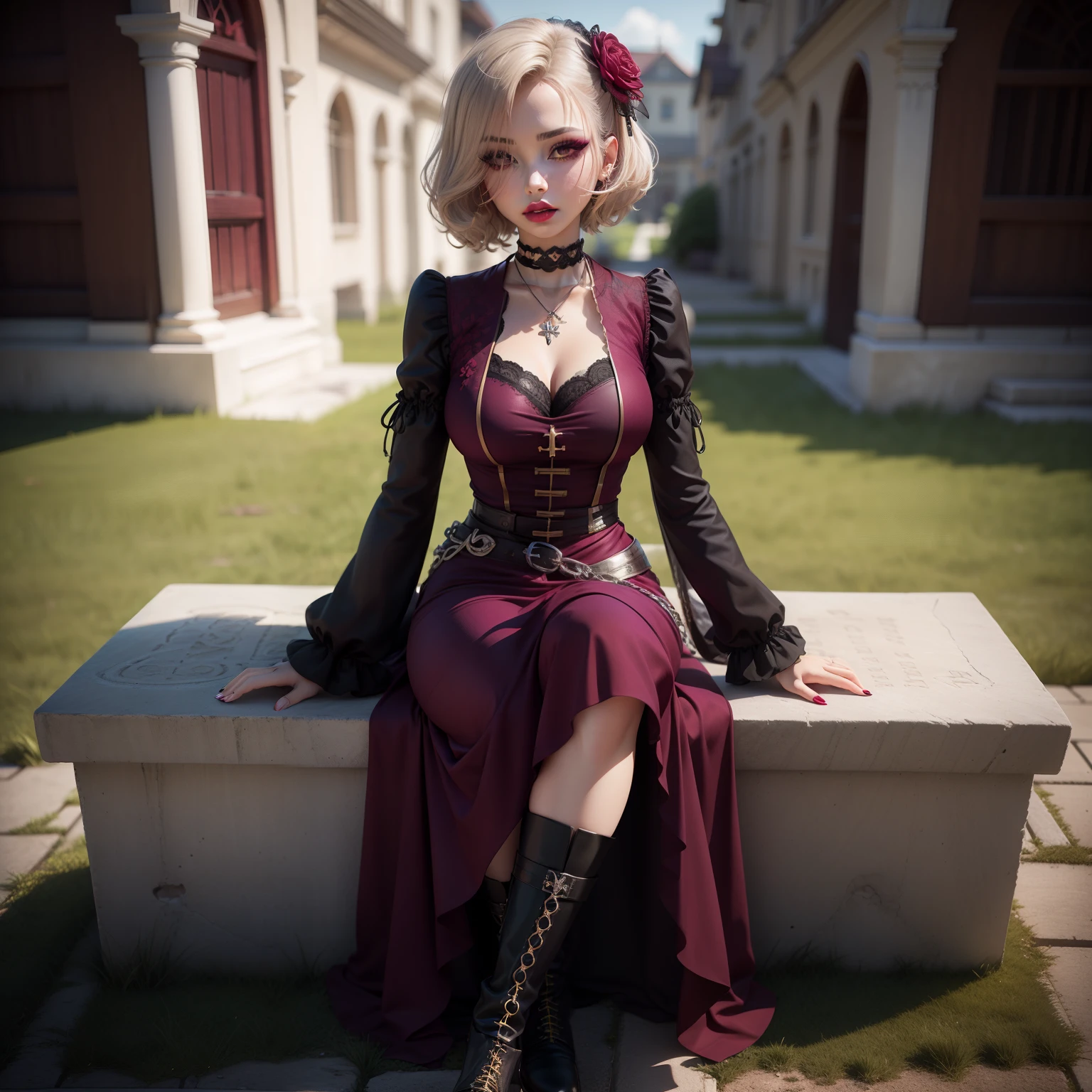 Cute Baby Chibi Anime、(((chibi3d))) (best quality), (masterpiece)、BREAK sitting on a tombstone in a gloomy and silent cemetery, 
BREAK in gothic lolita dress, wearing ((black:0.8) and (Burgundy:1.3) very long dress:1.3) with cross motif and lace flowers details, exposing her pale and slender neck, wearing very long skirt and red boots with chains, 
BREAK wearing black veil with cross brooch that covers her face partially and choker with pendant that hangs over her chest 
BREAK cutting her hair short and dyeing it black with red streaks,
(dark makeup with red eyeshadow that smudges around her eyes, long and thick eyelashes that flutter seductively, red lipstick that stains her lips, using colored contacts to make her eyes yellow and hypnotic:1.4), having a mysterious and alluring look that draws attention,