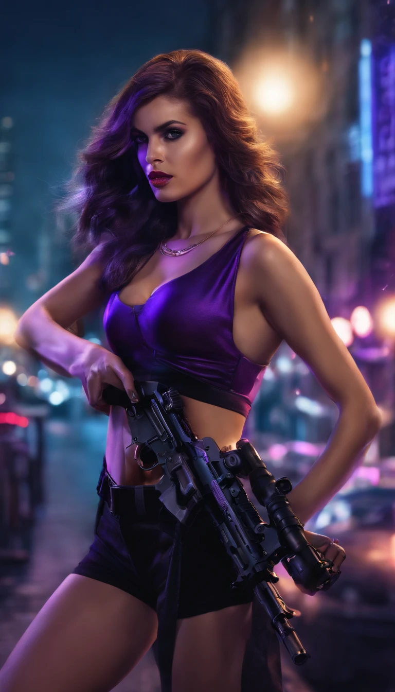 one girl, girl with gun, purple eyes, night city, AMW gun, girl with AMW gun, masterpiece,