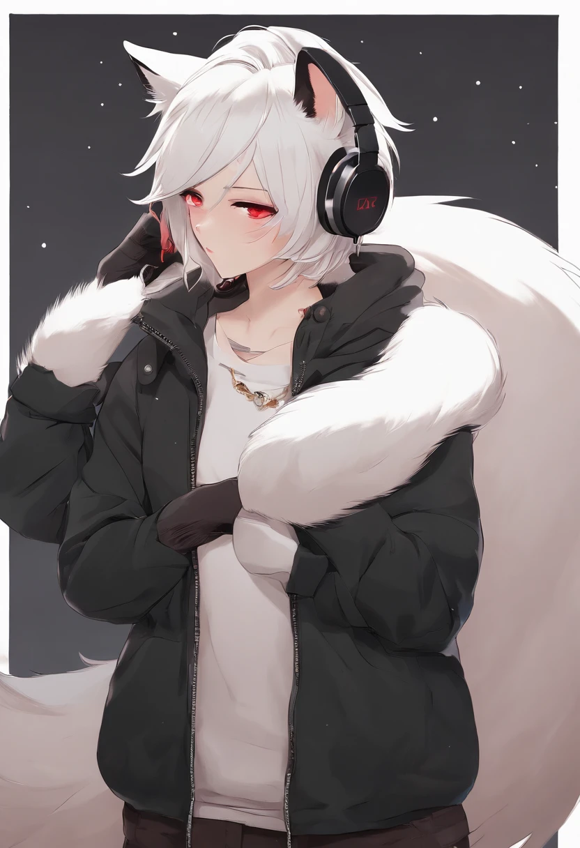 White fox, Pink eyes, Tattooed with, womb tattoo, Short hair, Black hair, Sweater men, Girl child, Bisexual males, Furry, Night City, Glowing eyes, no feelings, Long tail, Collar, master piece, puppet, batwings, Shy, White headphones, Fox tail, Top quality, core, Slime core, White body, Name: Snow, Fox tail, Black tail, red fox, 2boy(Snow fox), , Open coat,