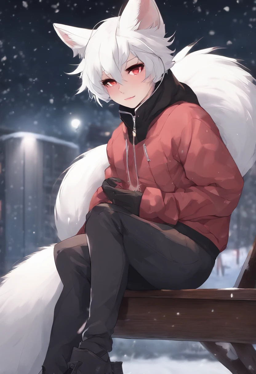 White fox, Pink eyes, Tattooed with, womb tattoo, Short hair, Black hair, Sweater men, Girl child, Bisexual males, Furry, Night City, Glowing eyes, no feelings, Long tail, Collar, master piece, puppet, batwings, Shy, White headphones, Fox tail, Top quality, core, Slime core, White body, Name: Snow, Fox tail, Black tail, red fox, 2boy(Snow fox), , Open coat,