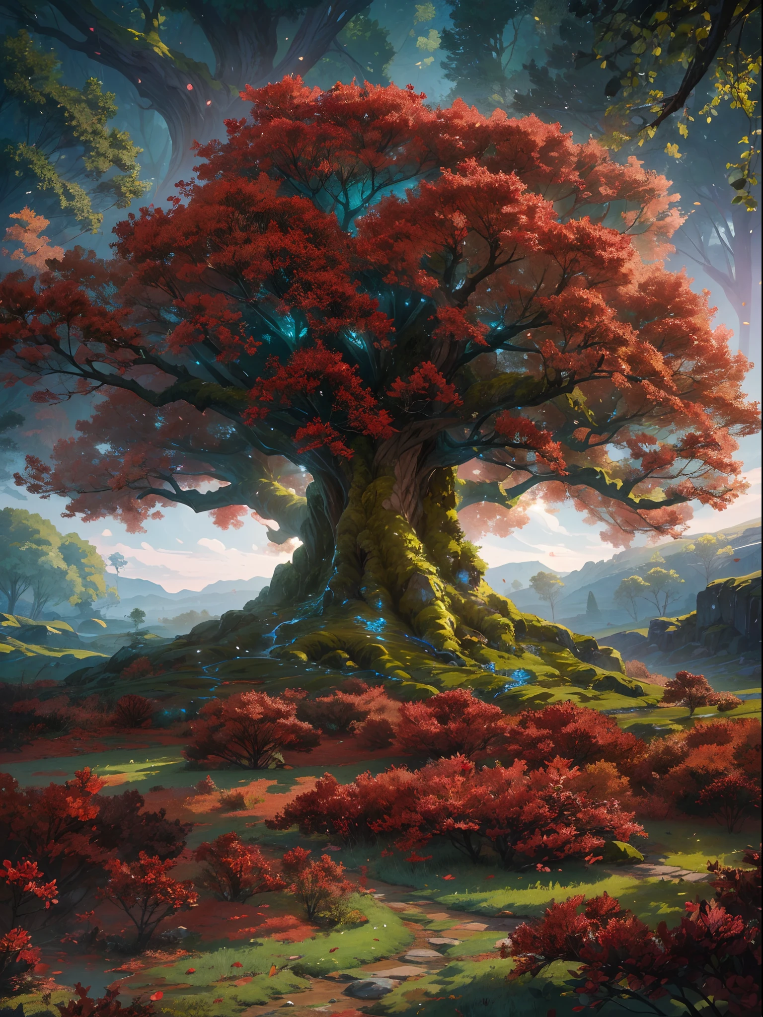 A giant extraterrestrial world tree stretches high into the sky, its thick roots digging deep into the ground. The tree is made of white wood, giving it an otherworldly appearance. Its leaves, vibrant in shades of red, flutter in the breeze, creating a mesmerizing sight. The tree stands alone on an alien landscape, surrounded by a vast expanse of blue grass fields. The grass has an unusual shade, adding to the ethereal atmosphere. The leaves of the tree have a strange and unique shape, contributing to the tree's distinctive character. Light particles dance in the air, casting a soft glow on the tree and its surroundings. The image quality is of the highest standard, with ultra-detailed rendering that brings out the intricate textures of the tree and the grass. The scene is realistic and photorealistic, creating a truly immersive experience. The overall color tone is vibrant and vivid, enhancing the otherworldly nature of the tree and the landscape. The lighting is carefully orchestrated, with a soft, diffused light casting a gentle glow on the scene, creating a serene and mystical ambiance.