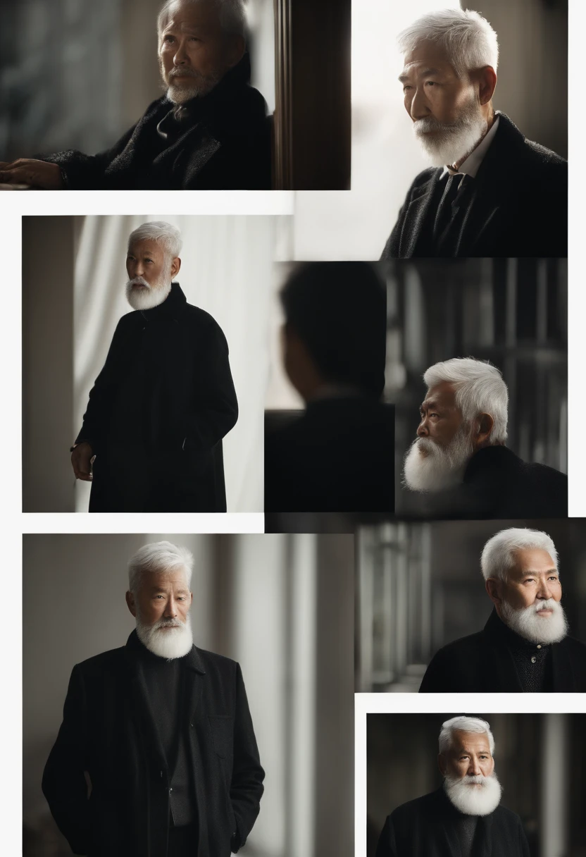 Cinematic portrait , An 80-year-old Asian male,Thin and thin, (80 years:1.1), (shaved pubic hair:1.2), (very short white hair，A little curly:1.5),(Long beard:1.6).Dark coat, white  shirt . Minimalist background, Own composition, detalhe poderoso, Autumn background，the soft light, hasselblatt, RAW style