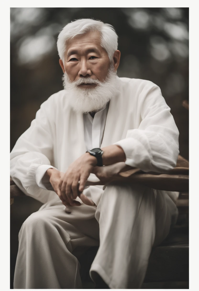 Cinematic portrait , An 80-year-old Asian male,Thin and thin, (80 years:1.1), (shaved pubic hair:1.2), (very short white hair，A little curly:1.5),(Long beard:1.6).Dark coat, white  shirt . Minimalist background, Own composition, detalhe poderoso, Autumn background，the soft light, hasselblatt, RAW style