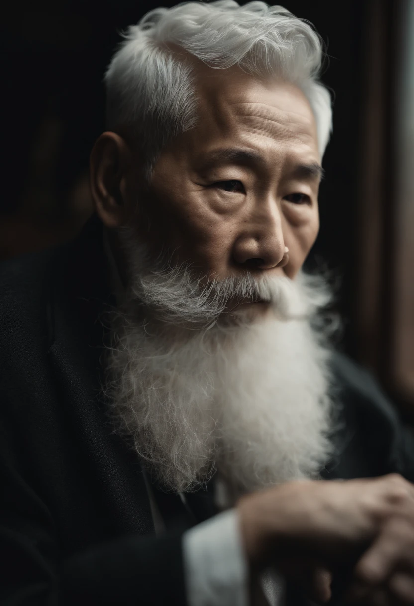 Cinematic portrait , An 80-year-old Asian male,Thin and thin, (80 years:1.1), (shaved pubic hair:1.2), (very short white hair,A little curly:1.5),(Long beard:1.6).Dark coat, white shirt . Minimalist background, Own composition, detalhe poderoso, Autumn background,the soft light, hasselblatt, RAW style